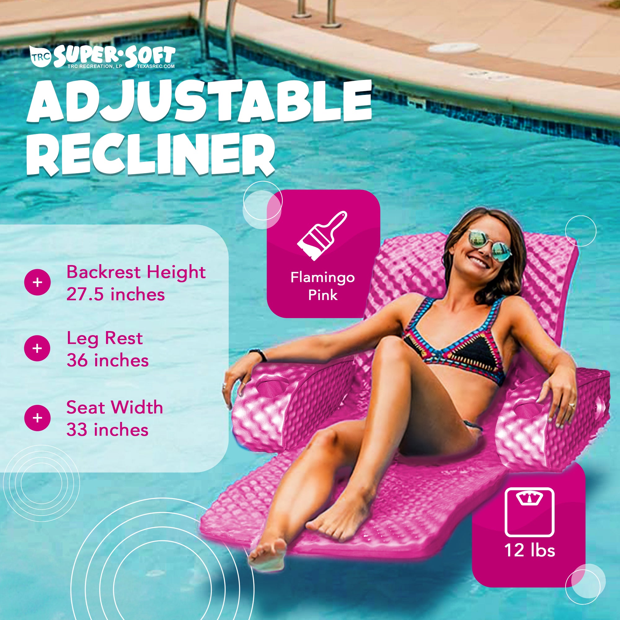 TRC Recreation Soft Adjustable Pool Lounger Recliner Float, Flamingo Pink (Used)