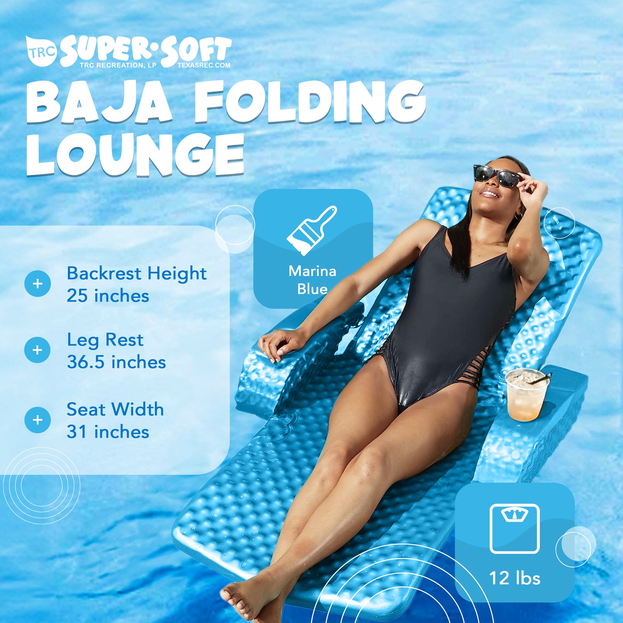 TRC Recreation Folding Baja II Lounger Foam Swimming Pool Float, Blue (Open Box) - VMInnovations