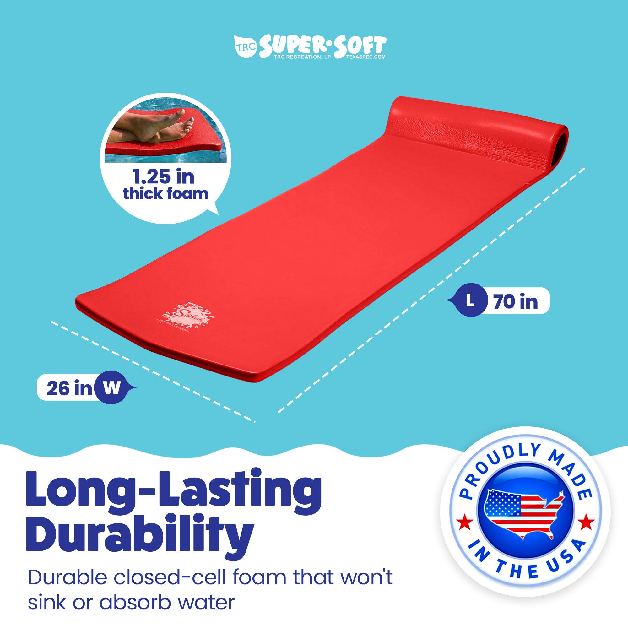 TRC Recreation Splash 1.25" Thick Foam Swimming Pool Float Lounger Mat, Red - VMInnovations