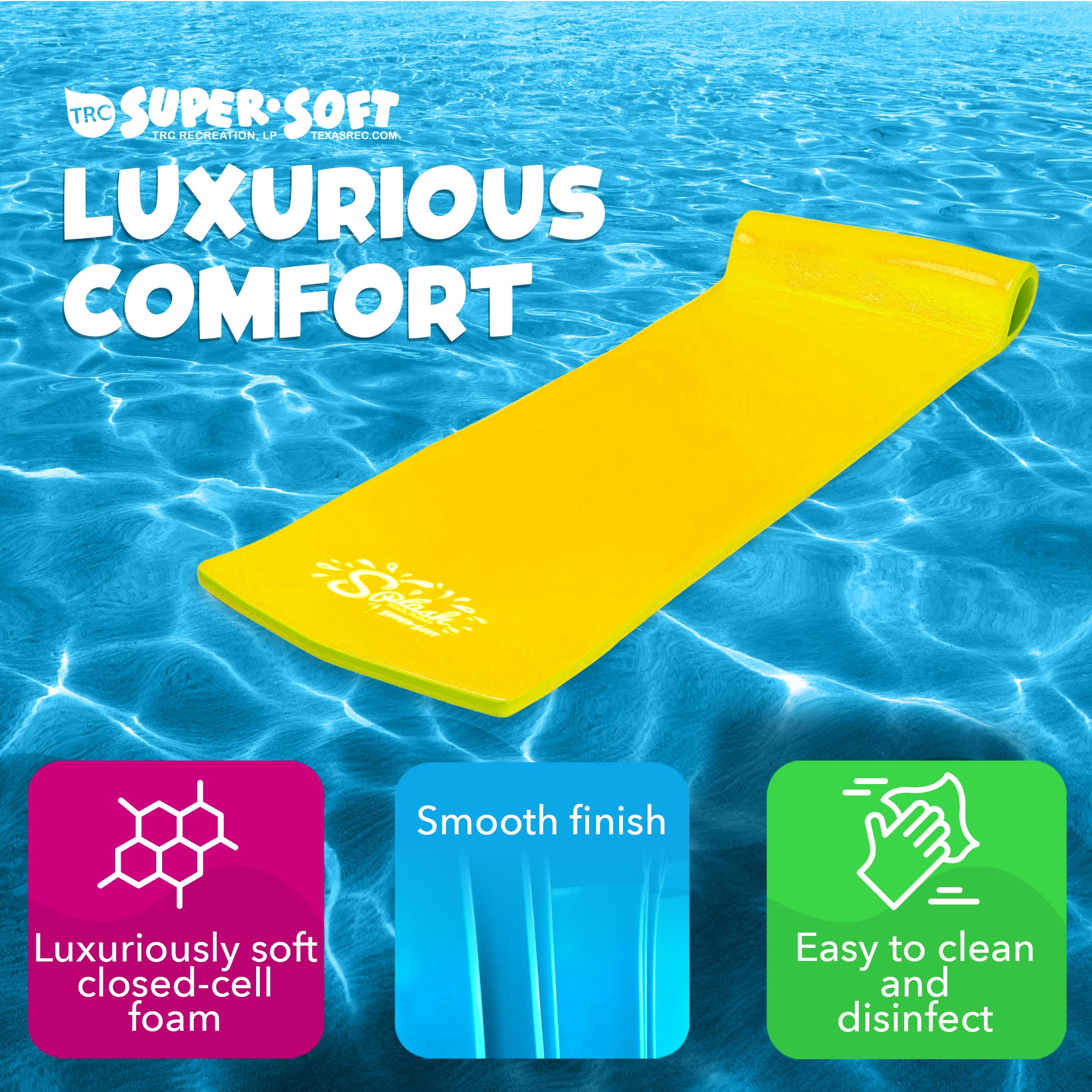TRC Recreation Splash 1.25" Thick Foam Pool Lounger Float Mat, Yellow (Open Box) - VMInnovations