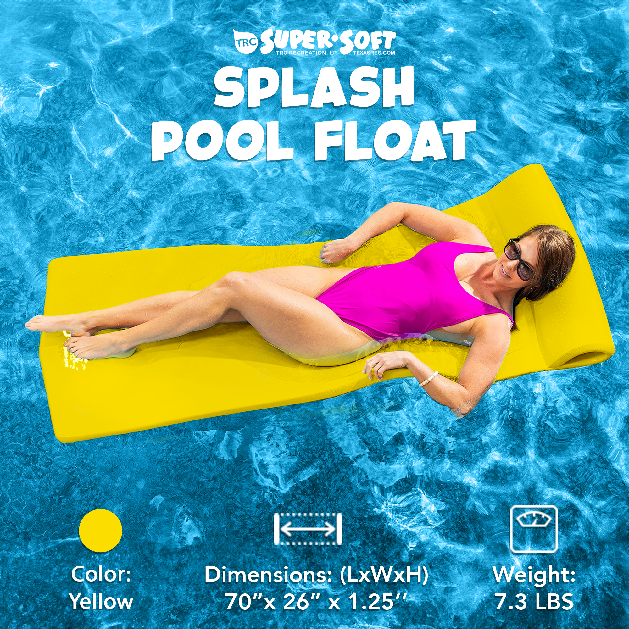 TRC Recreation Splash 1.25" Thick Foam Pool Float Lounger Mat, Yellow (Open Box) - VMInnovations