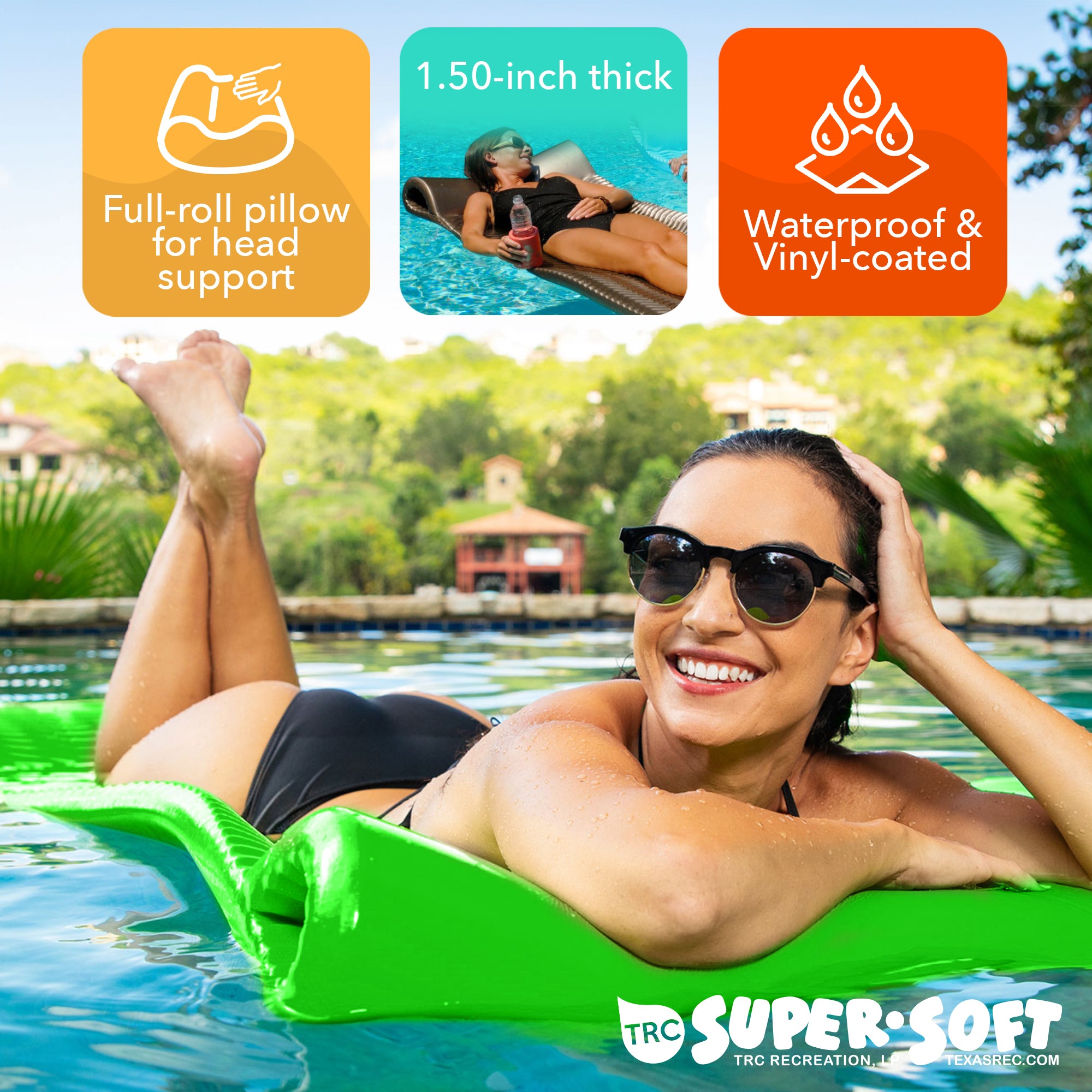 TRC Recreation Serenity 1.5" Thick Vinyl Swimming Pool Float Mat, Fierce Green