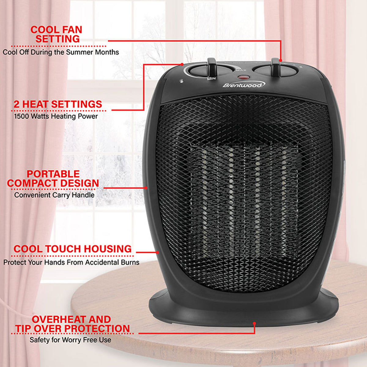 Brentwood H-C1602BK 5000 BTU Adjustable Portable Ceramic Space Heater and Fan