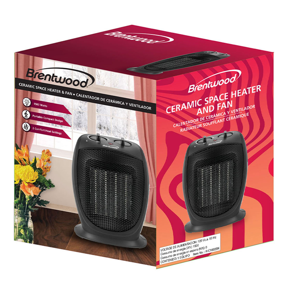 Brentwood H-C1602BK 5000 BTU Adjustable Portable Ceramic Space Heater and Fan