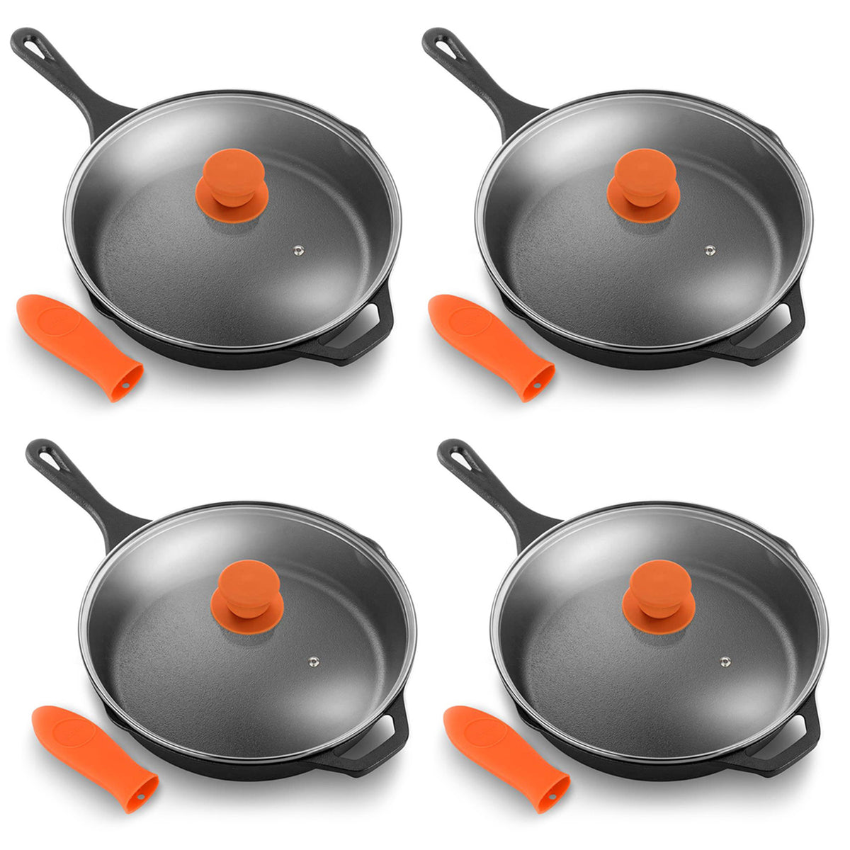 NutriChef 10 Inch Seasoned Non Stick Cast Iron Frying Pan Set w/ Lid (4 Pack)