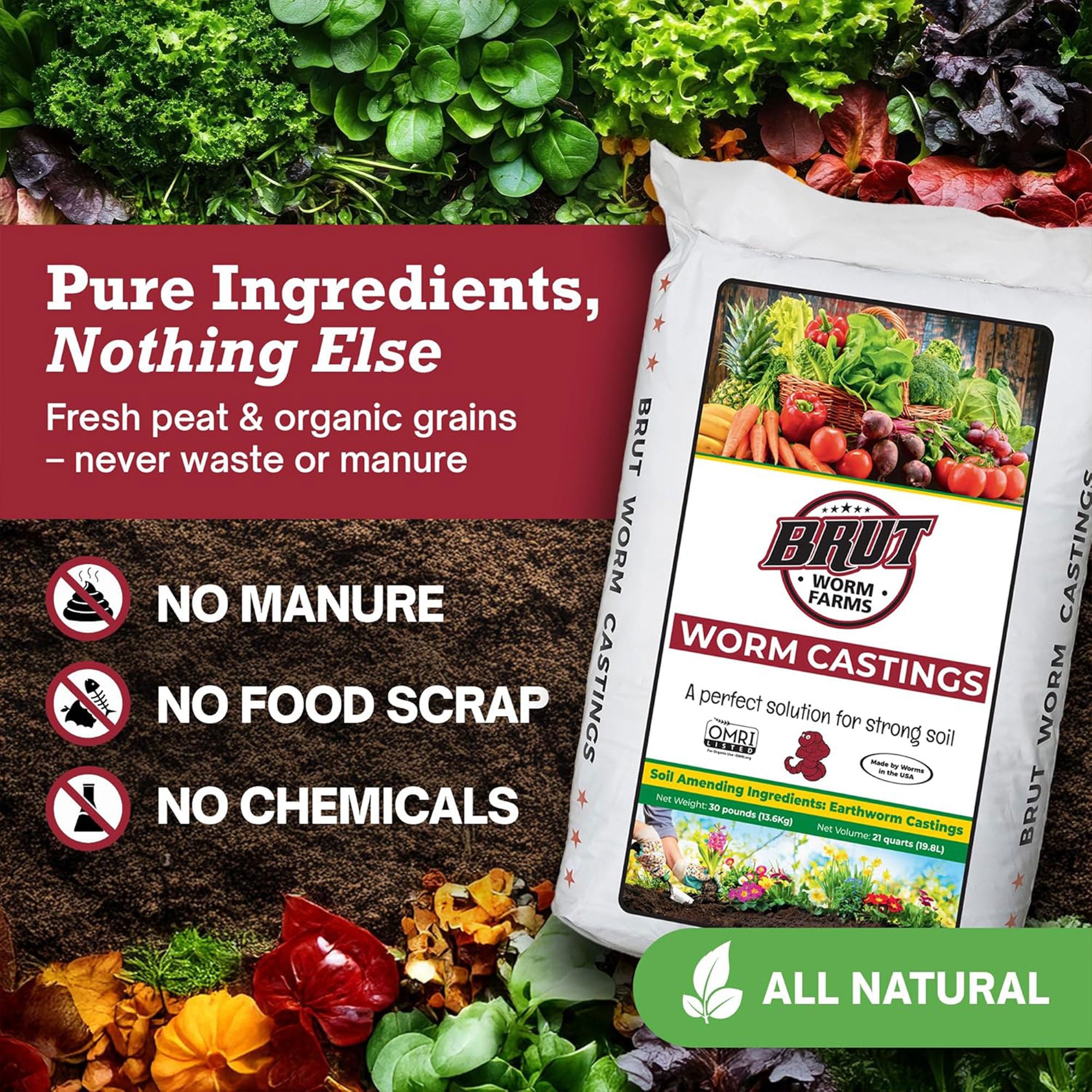 Brut Worm Farms Organic Worm Castings Soil Builder, 30 Pound Bag (10 Pack)