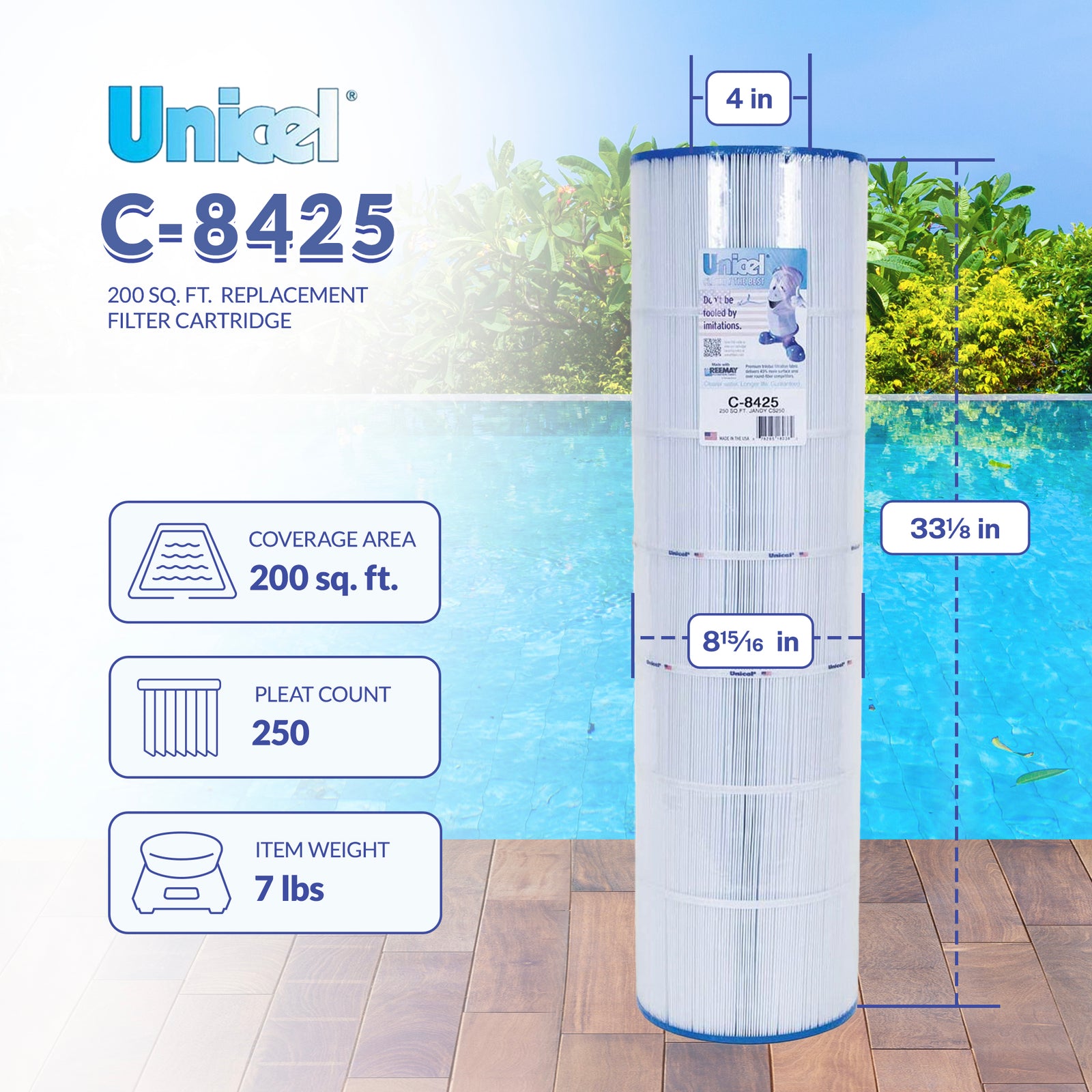 Unicel C-8425 Replacement 200 Sq Ft Swimming Pool Filter Cartridge, 250 Pleats - VMInnovations
