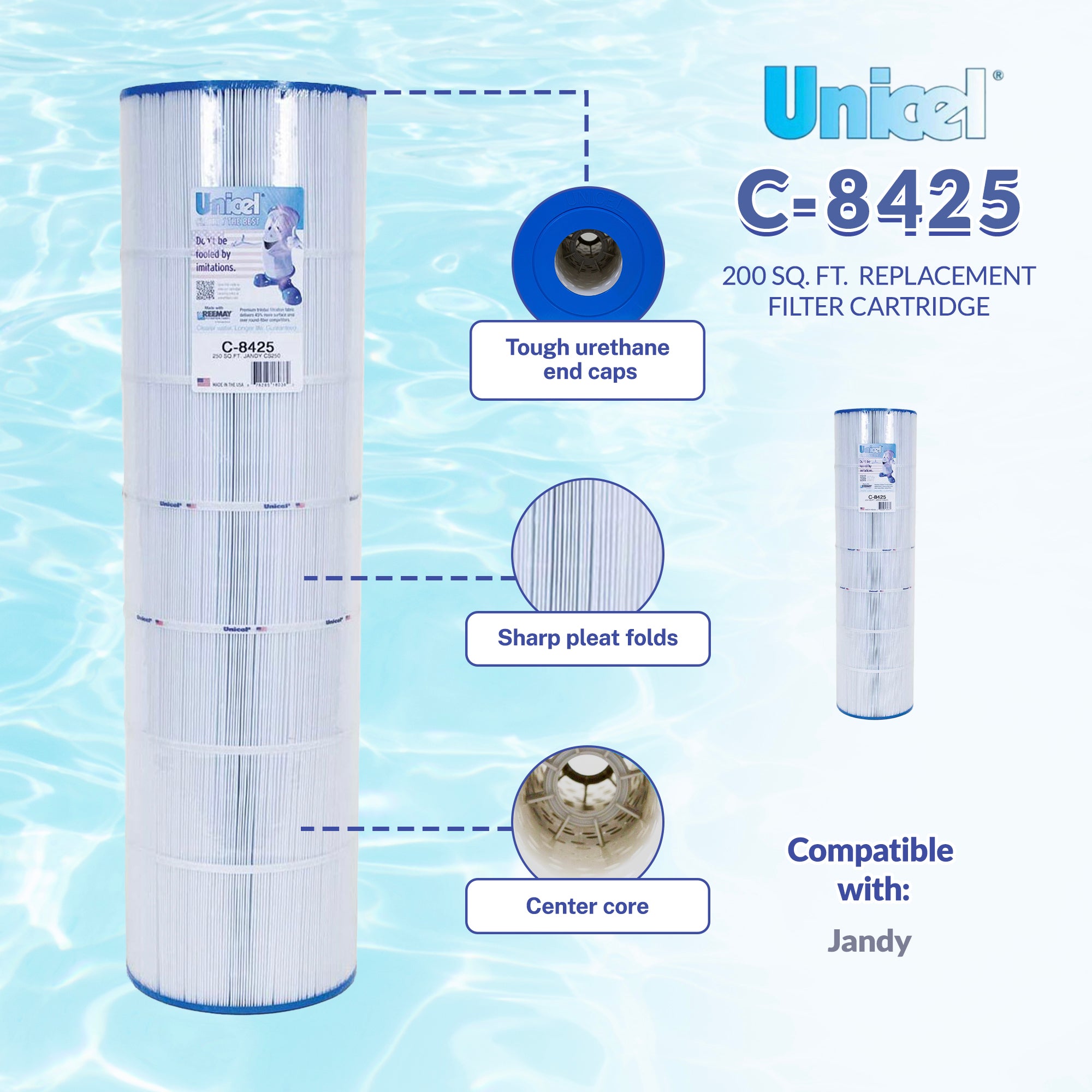 Unicel C-8425 Replacement 200 Sq Ft Swimming Pool Filter Cartridge, 250 Pleats - VMInnovations