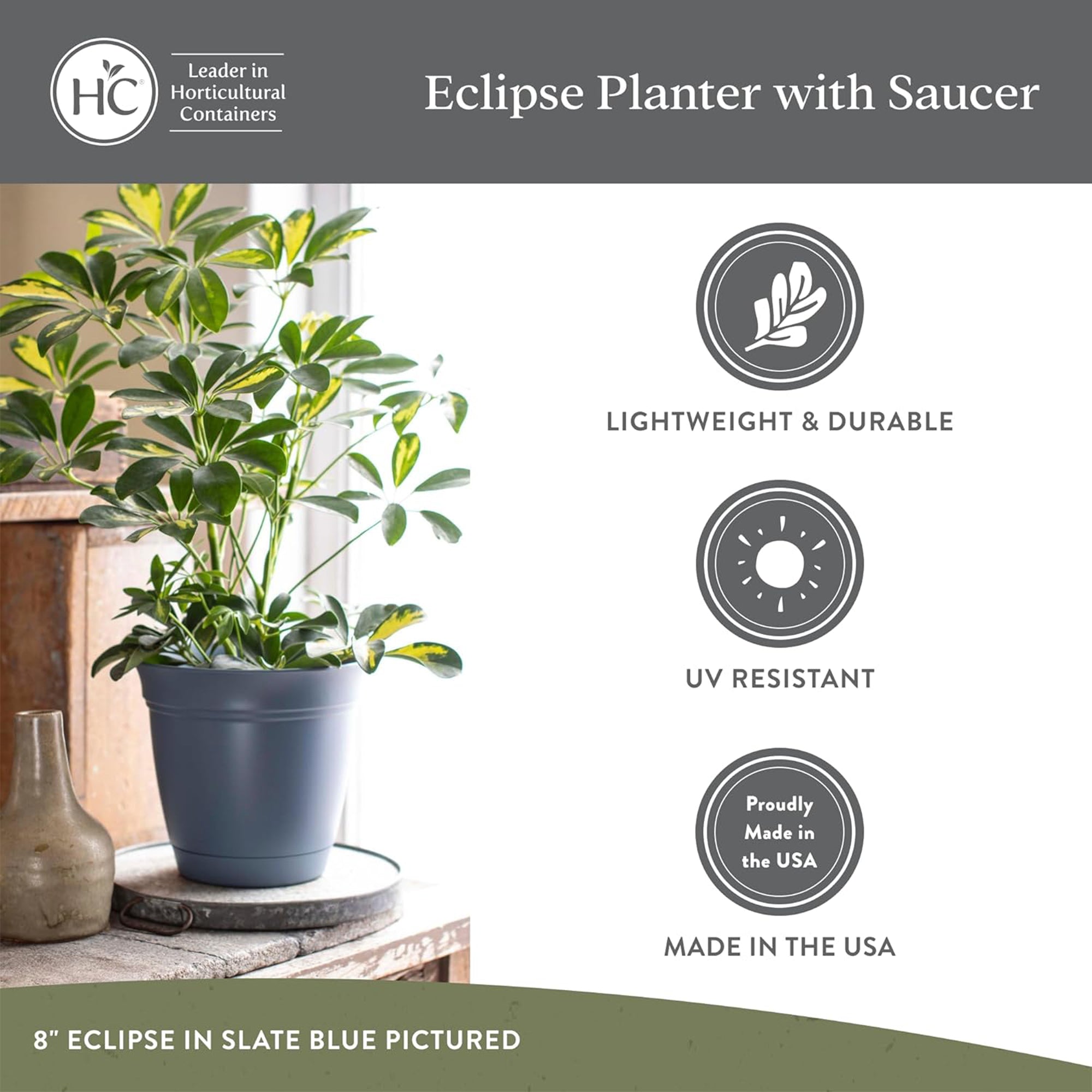 HC Companies ECA08000 8 Inch Eclipse Planter w/ Attached Saucer, (Open Box)