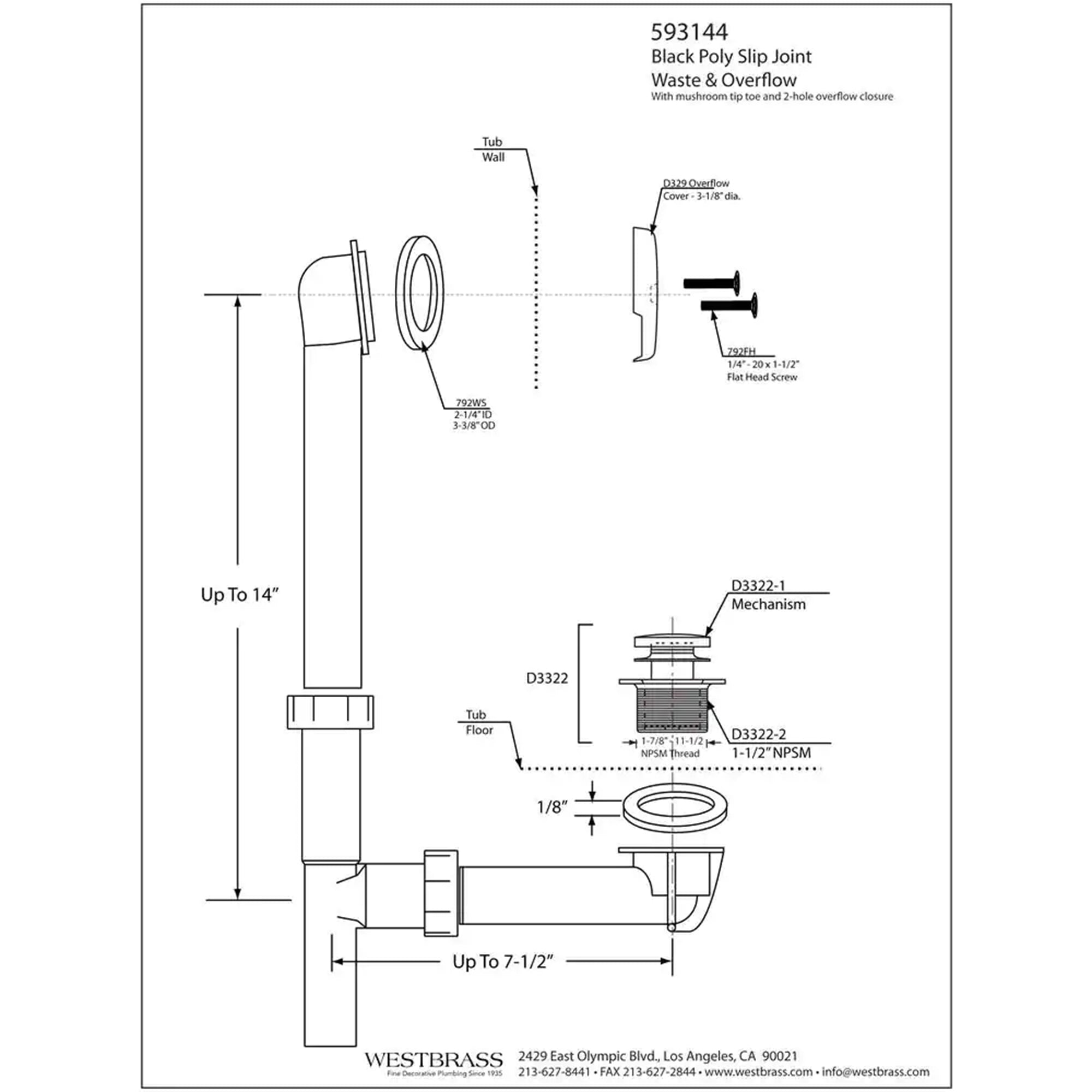 Westbrass 593144 Tubular Polymer Metal Waste Overflow Tiptoe Bath Drain, Black