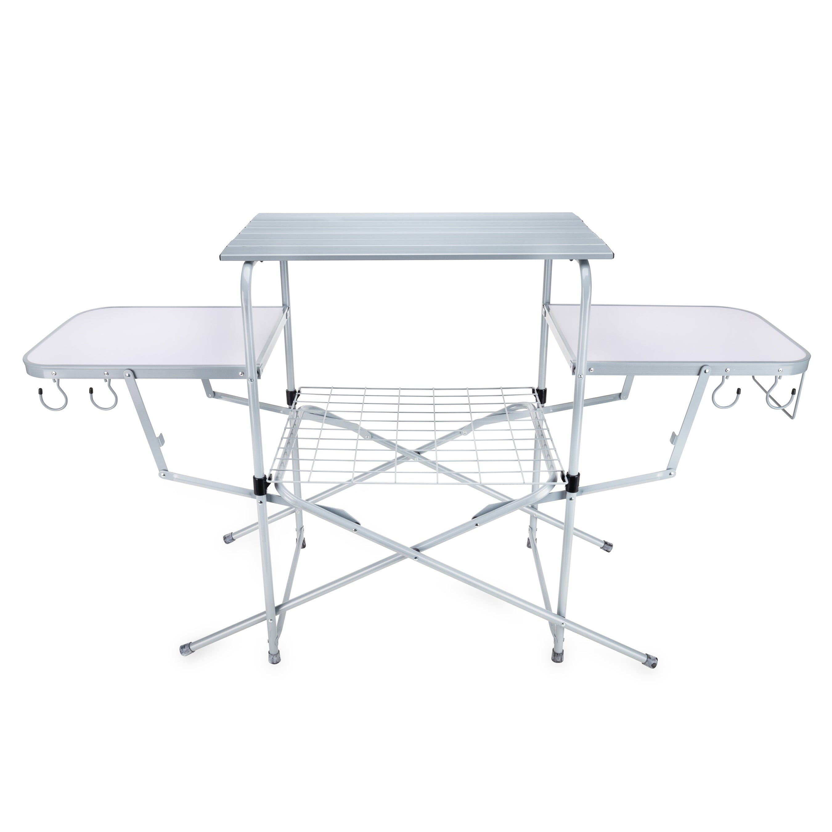 Camco Deluxe Folding Outdoor Steel Grill Table with Side Tables, Hooks, and Case - VMInnovations