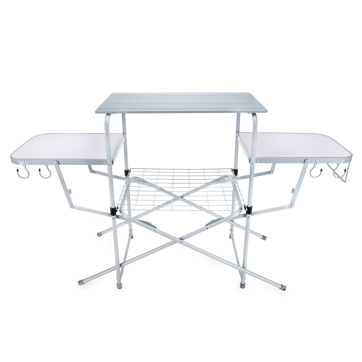 Camco Deluxe Folding Outdoor Steel Grill Table with Side Tables, Hooks, and Case