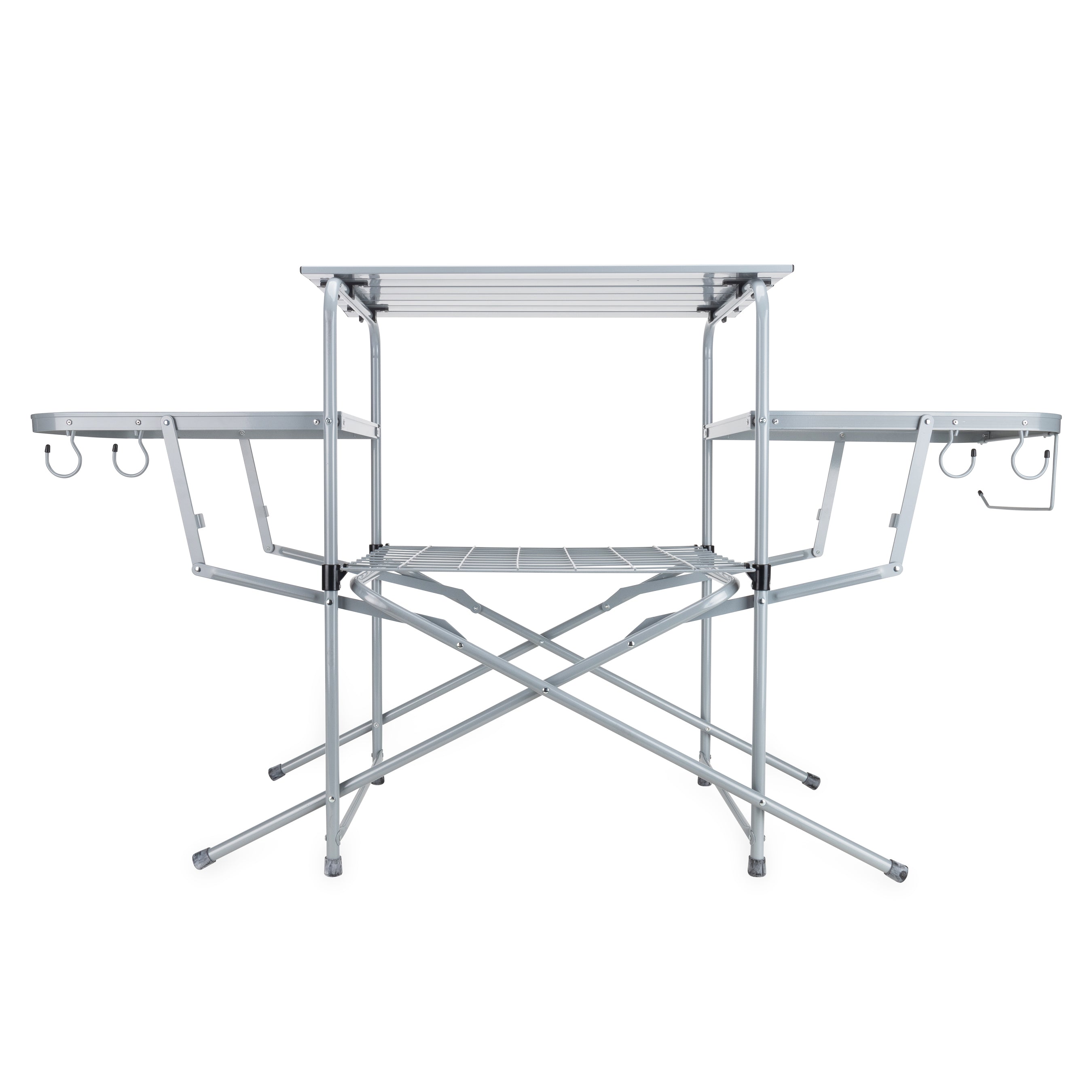 Camco Deluxe Folding Outdoor Steel Grill Table with Side Tables, Hooks, and Case - VMInnovations