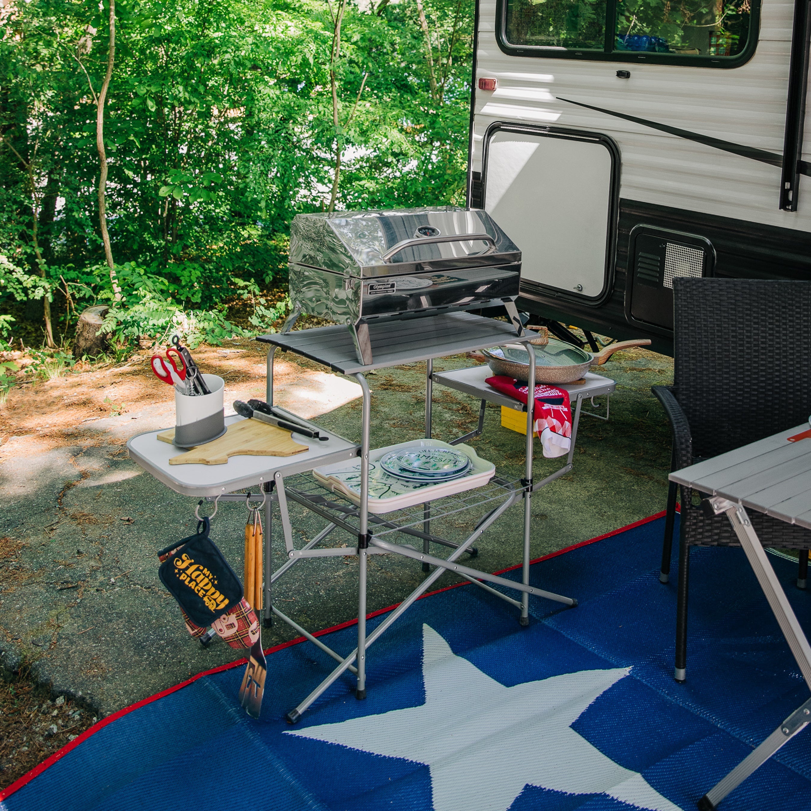 Camco Deluxe Folding Outdoor Steel Grill Table with Side Tables, Hooks, and Case - VMInnovations