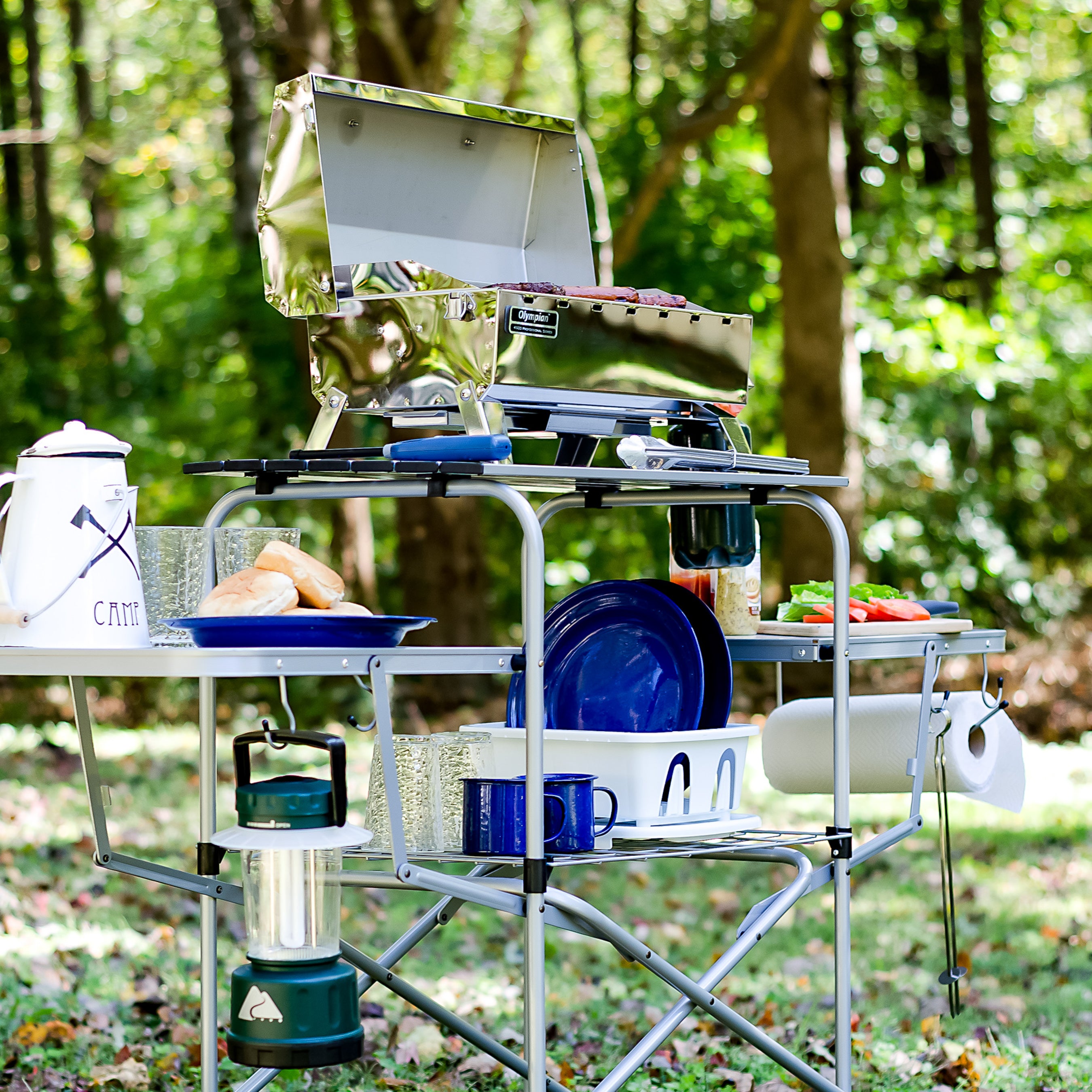 Camco Deluxe Folding Outdoor Steel Grill Table with Side Tables, Hooks, and Case - VMInnovations