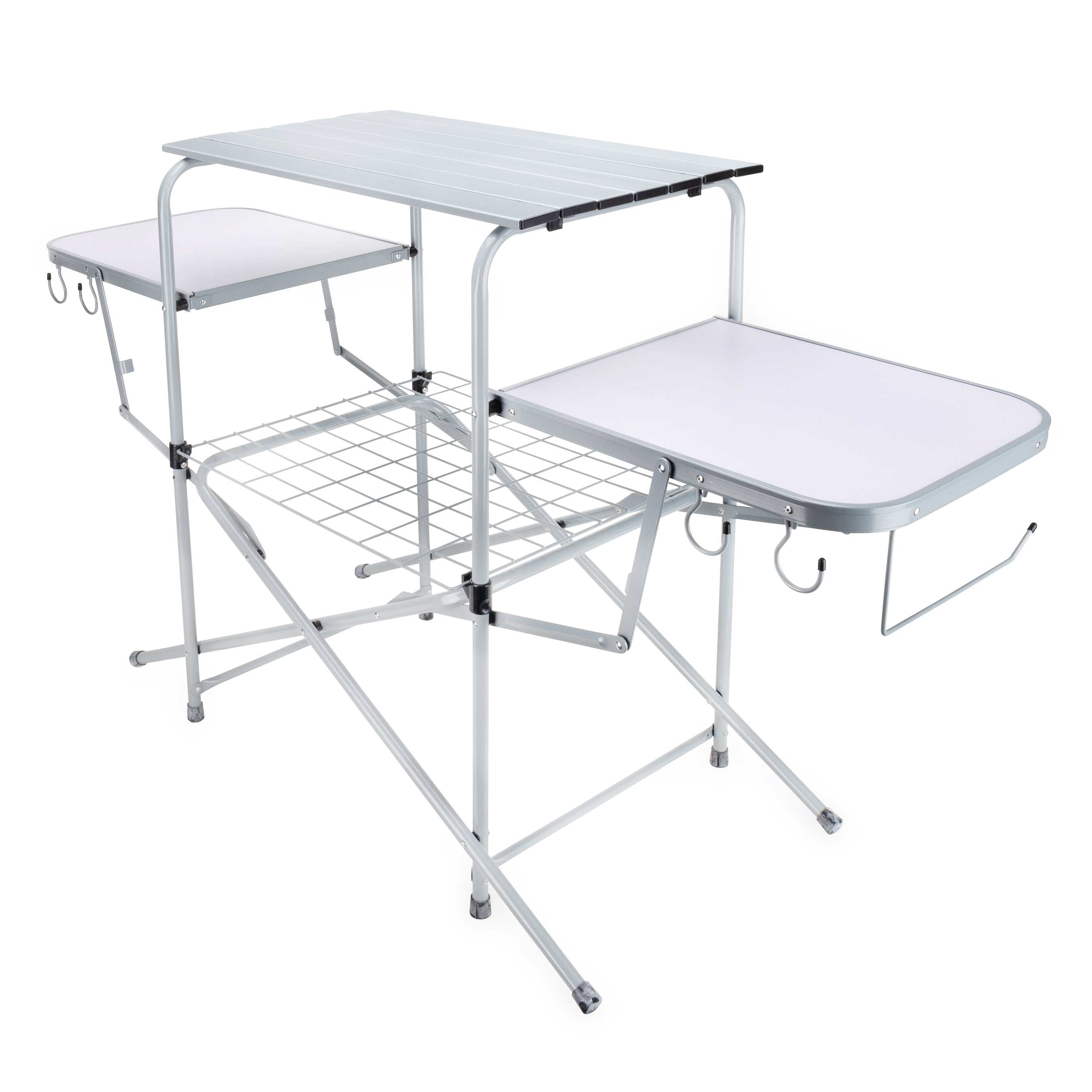 Camco Deluxe Folding Outdoor Steel Grill Table with Side Tables, Hooks, and Case - VMInnovations