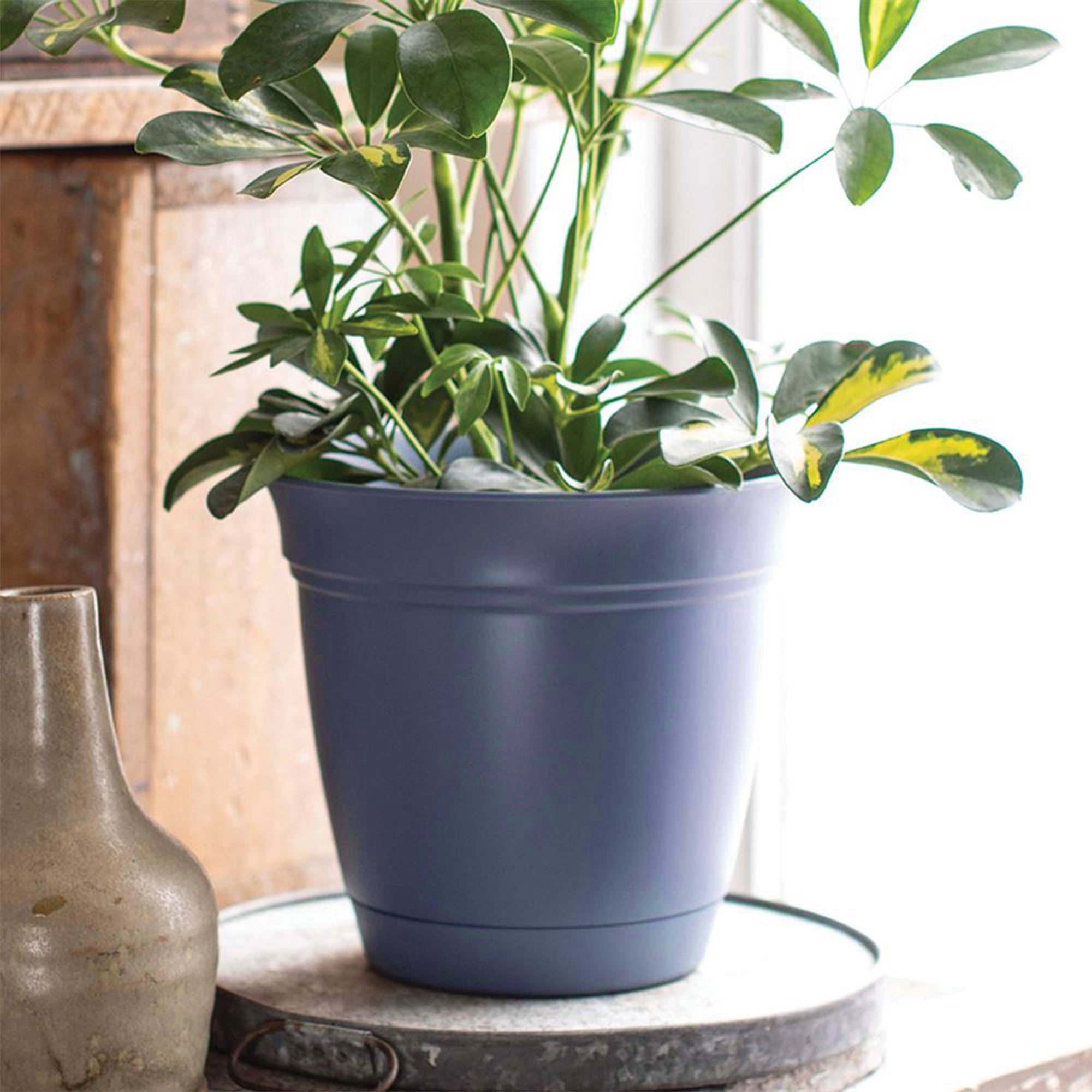 HC Companies 8 Inch Eclipse Planter with Attached Saucer, Peacock Blue (2 Pack)