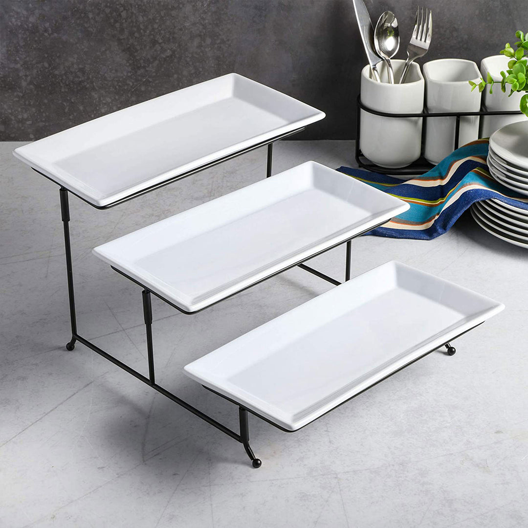 Gibson Elite Gracious Dining 3 Tier Rectangular Serving Platter Stand Set, Black - VMInnovations