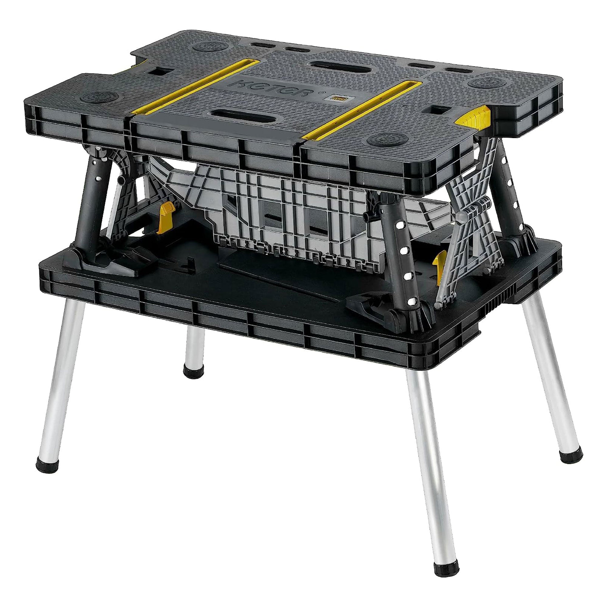 Keter Folding Portable Workbench Sawhorse w 2 Clamps, Black and Yellow (Damaged) - VMInnovations