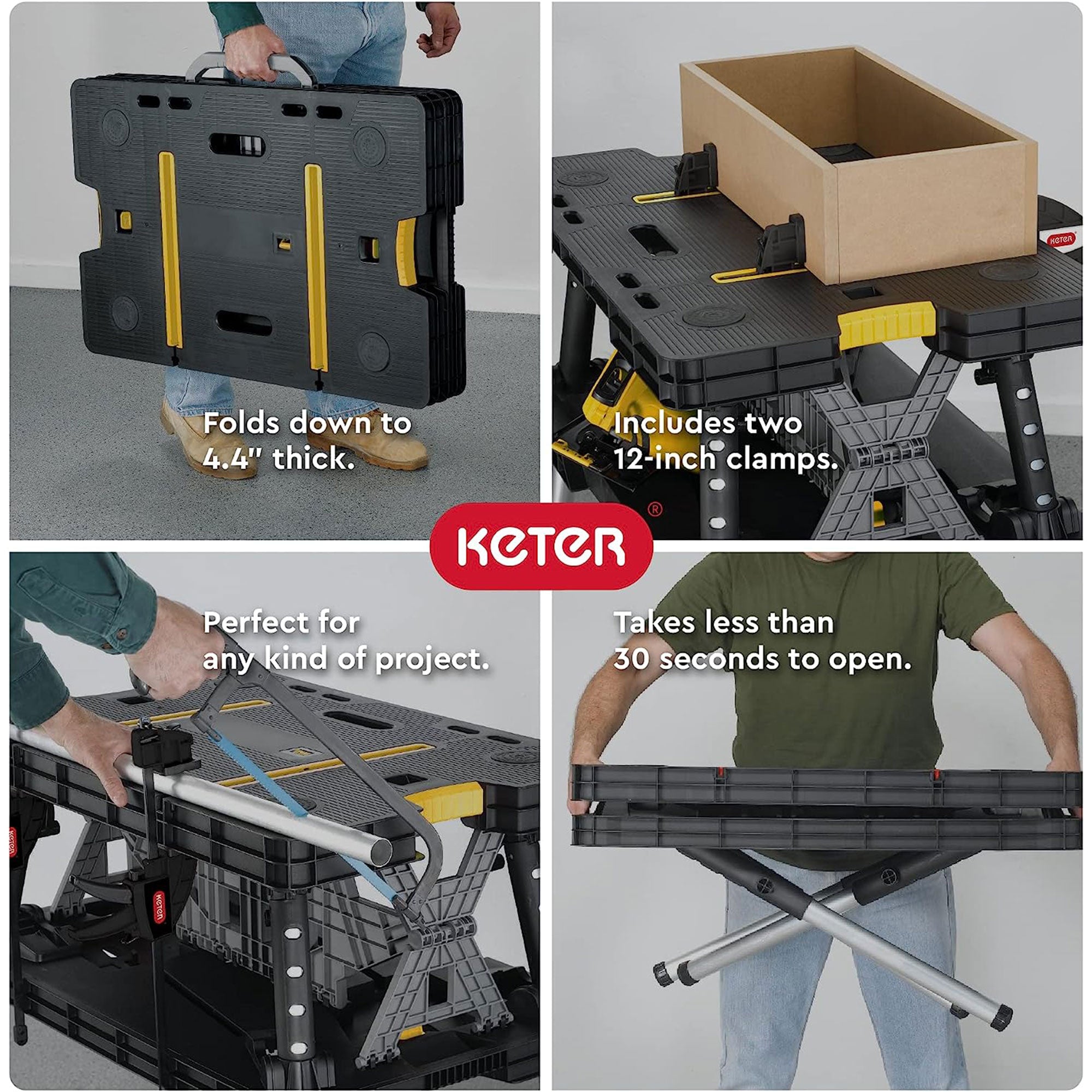 Keter Folding Portable Workbench Sawhorse w 2 Clamps, Black and Yellow (Damaged) - VMInnovations