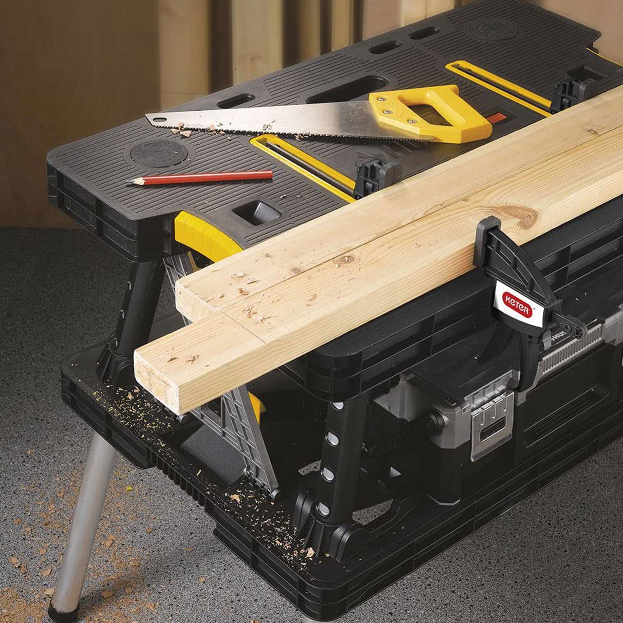 Keter Folding Portable Workbench Sawhorse w 2 Clamps, Black and Yellow (Damaged) - VMInnovations