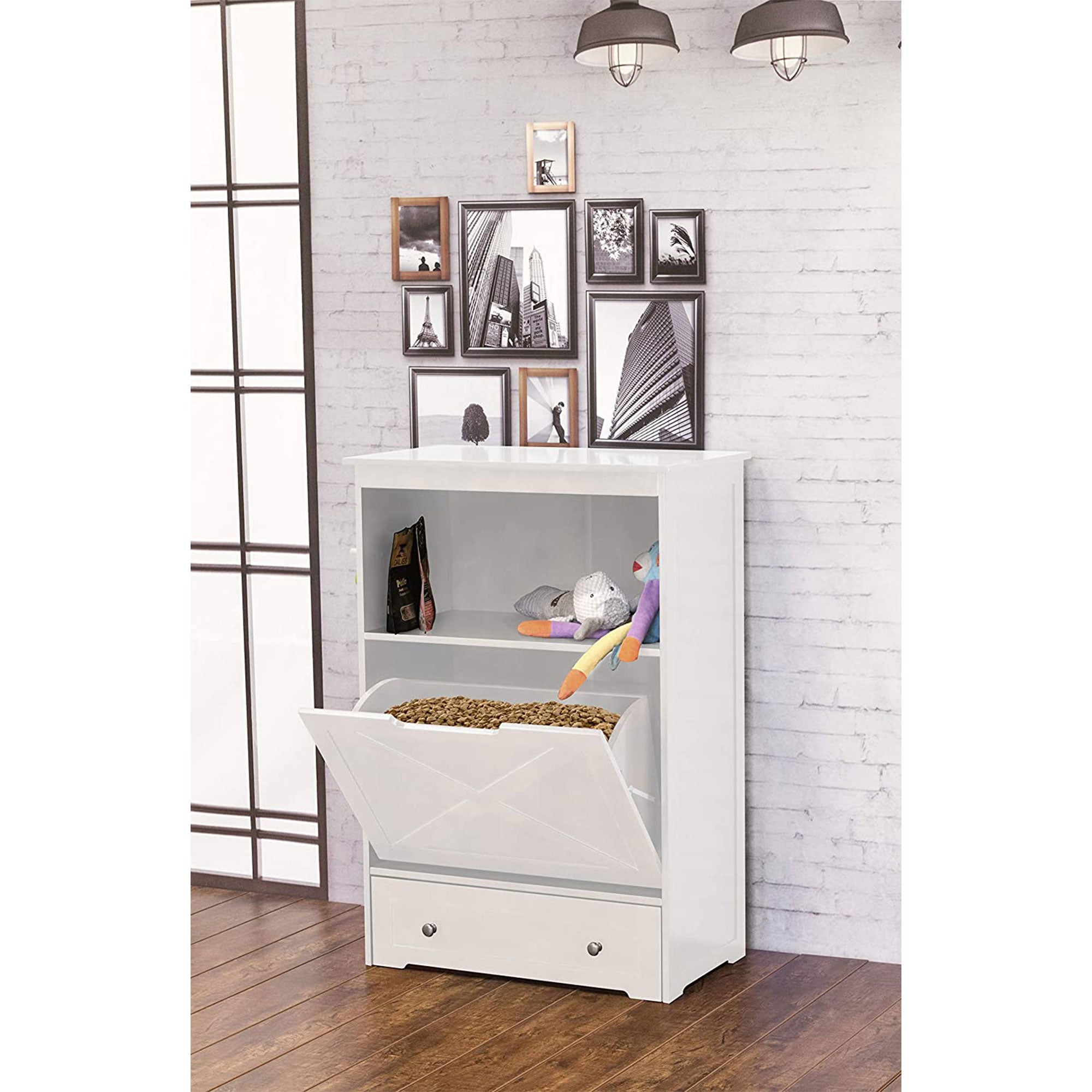Zoovilla Pet Feeder Large Storage Bin with Hidden Elevated Dog Bowl Stand, White