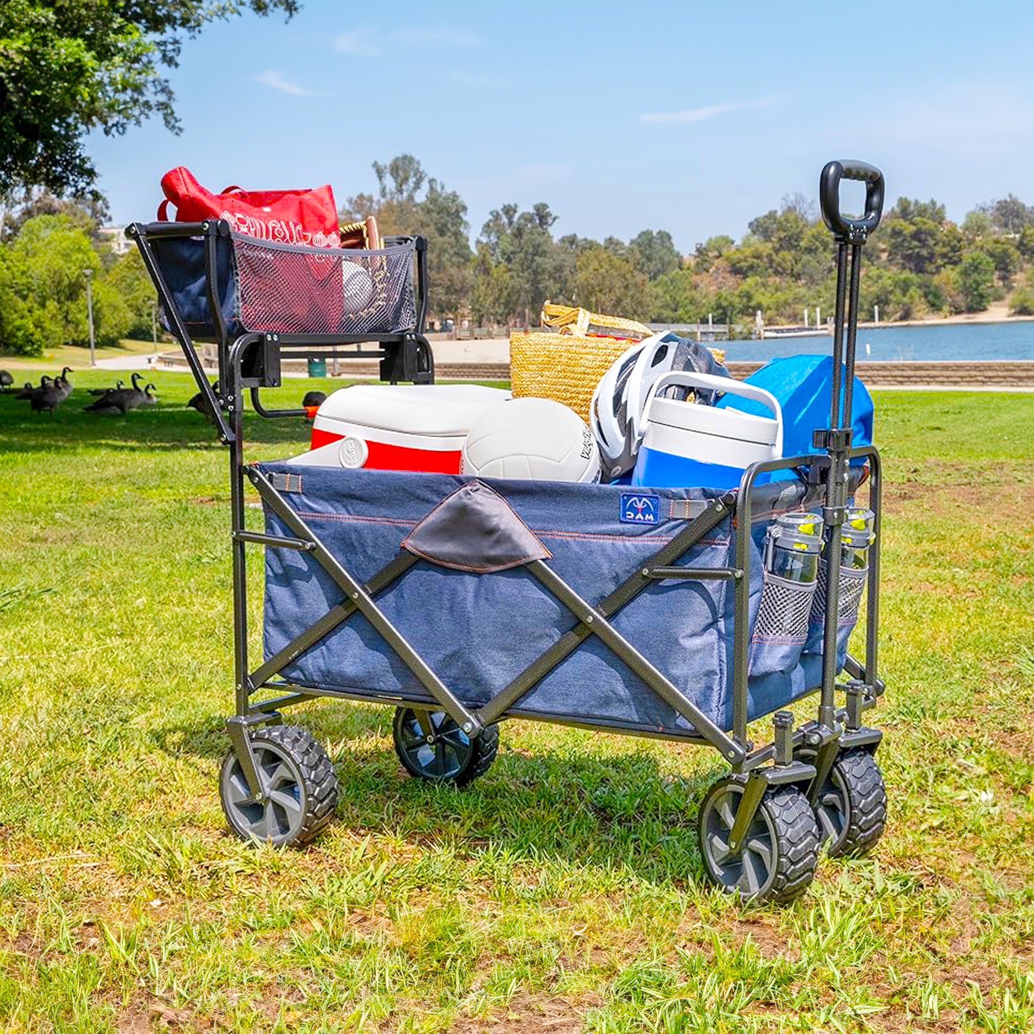 Mac Sports Collapsible Folding Heavy Duty Push Pull Utility Cart Wagon, Blue - VMInnovations