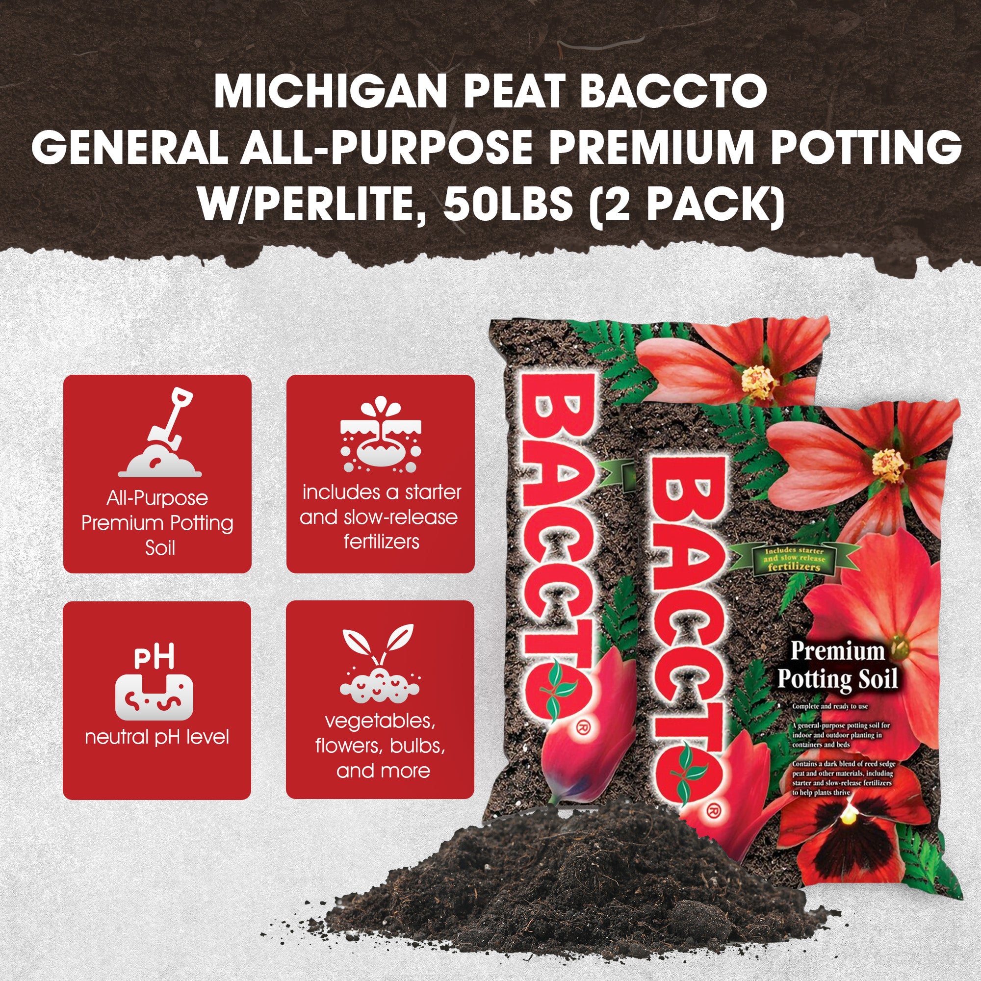 Michigan Peat General All Purpose Premium Potting Soil w/Perlite, 50lbs (2 Pack) - VMInnovations