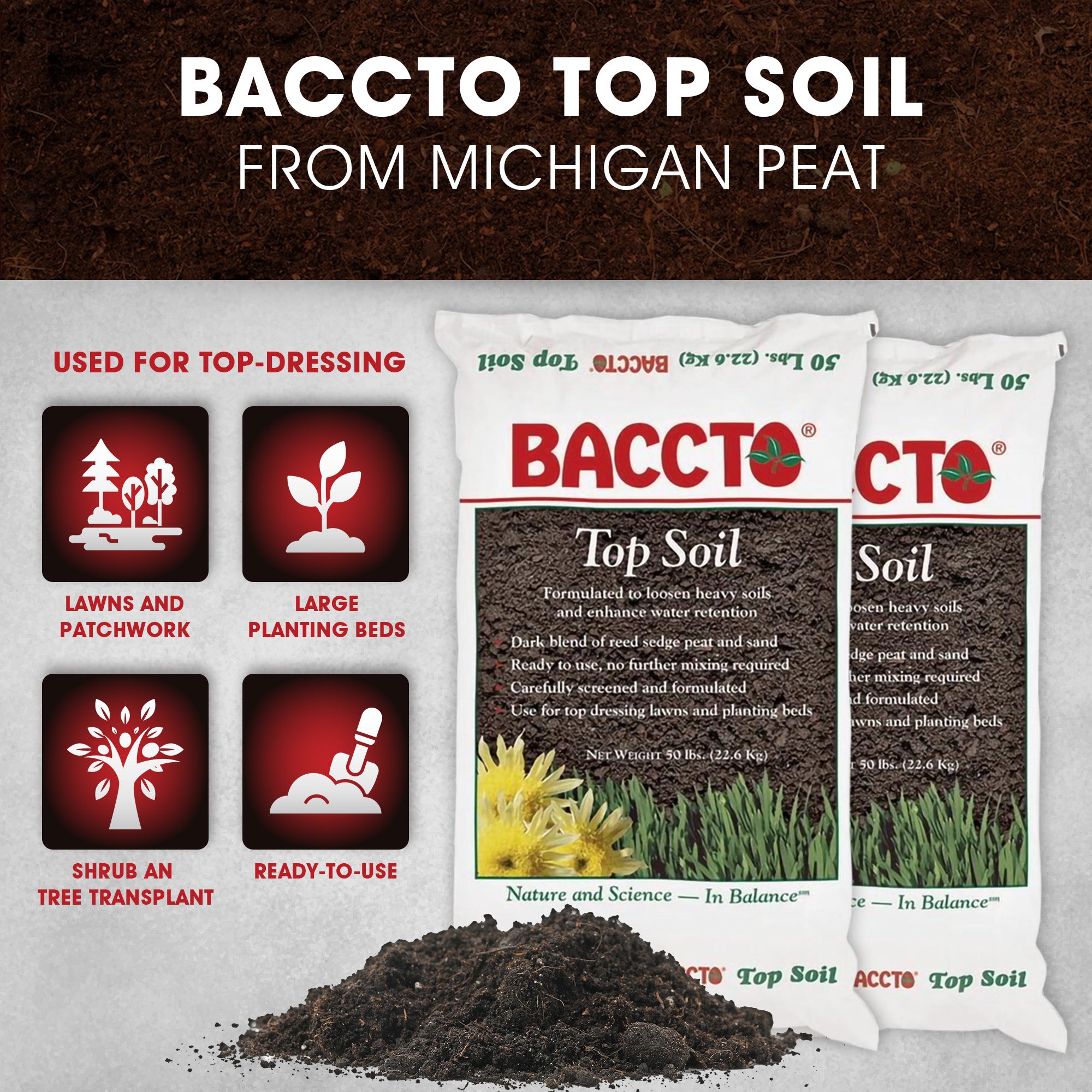 Michigan Peat 1550P Baccto Top Soil with Reed Sedge, & Sand, 50 Pounds (2 Pack) - VMInnovations