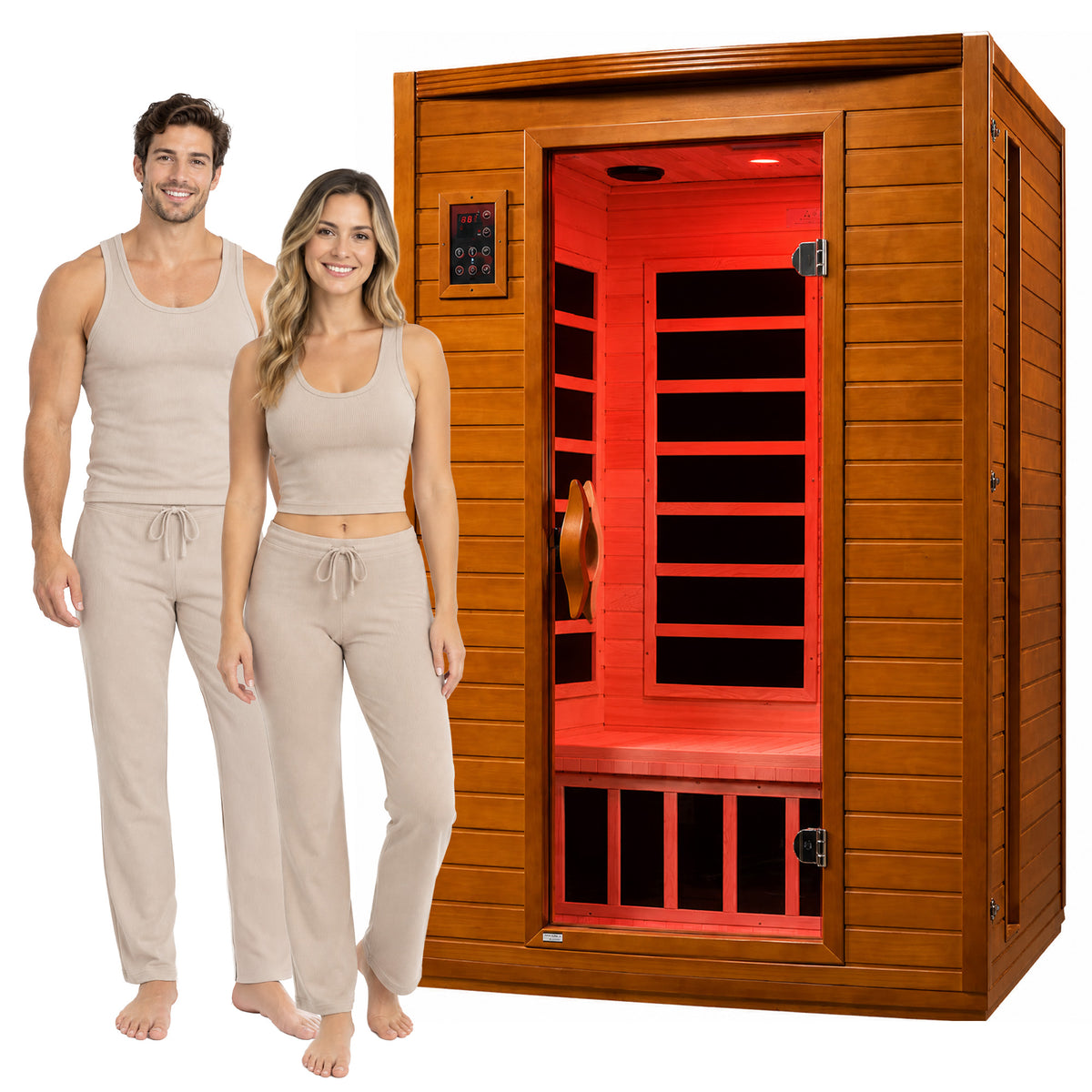 Dynamic Saunas Andora 2-Person Low EMF FAR Infrared Sauna, Canadian Hemlock Wood - VMInnovations