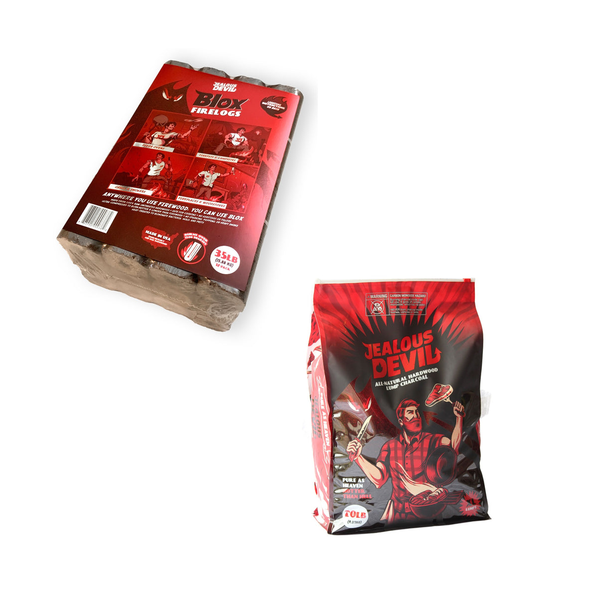 Jealous Devil 12 Hickory/Oak Compressed Logs & 100% Natural Lump Charcoal 20lbs - VMInnovations