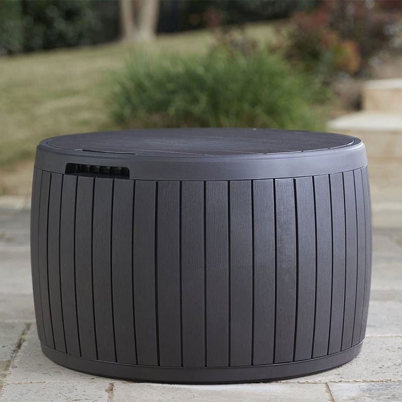 Keter Circa 37gal Round Patio Box Stylish Storage Table and Seating, Brown Resin