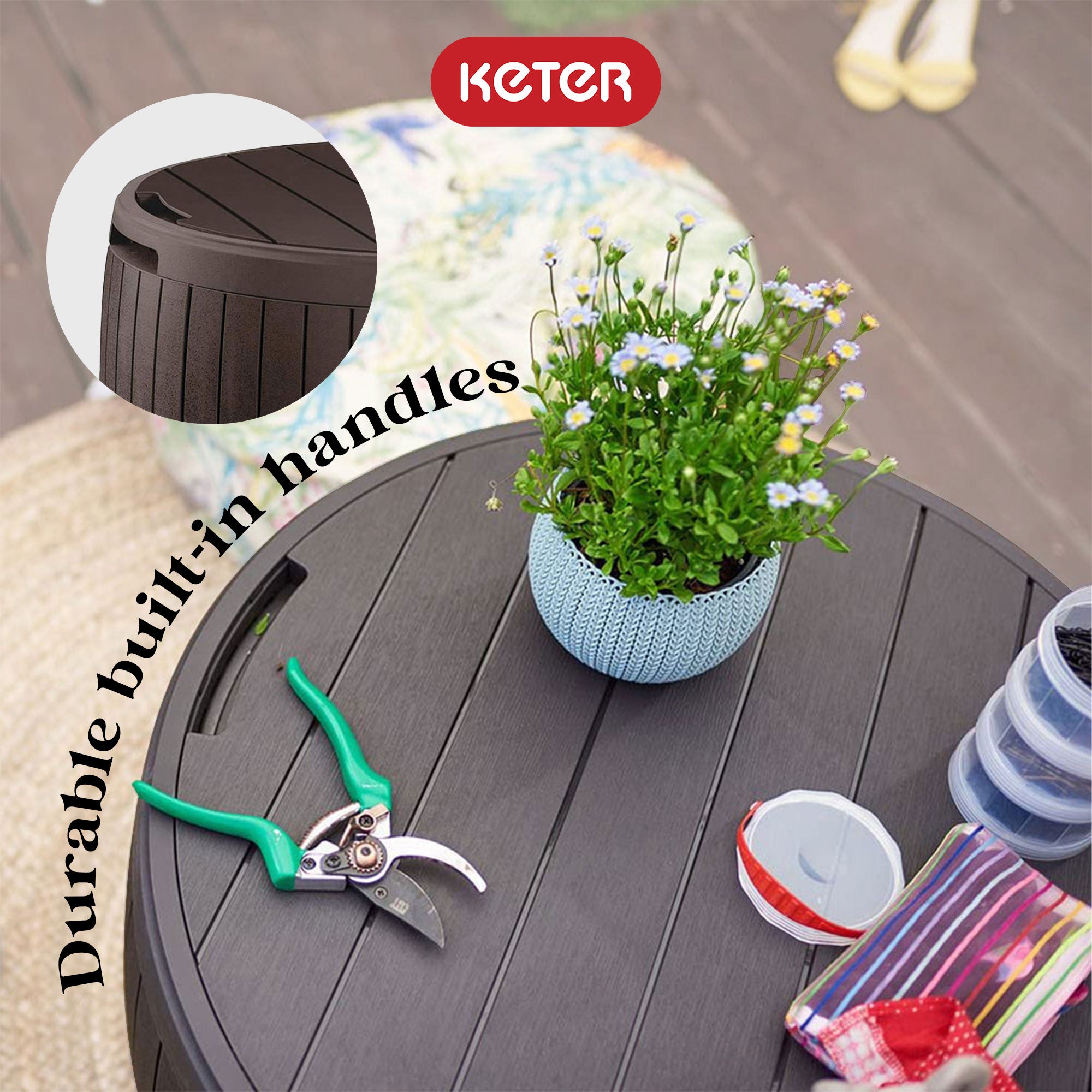 Keter Circa Deck Storage Box and Table for Furniture Decor, Brown (Open Box) - VMInnovations
