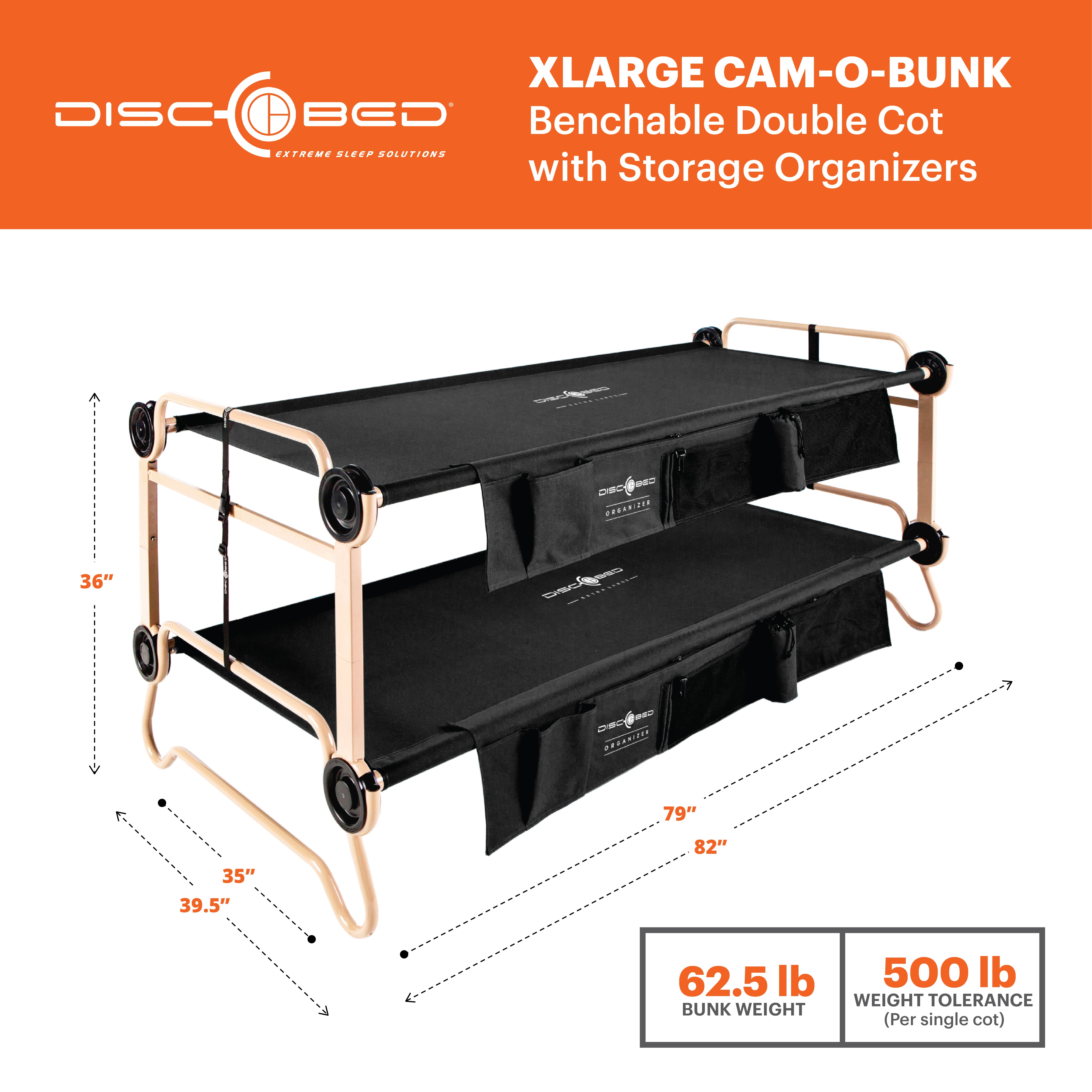 Disc-O-Bed XL Cam-O-Bunk Benchable Double Cot w/Organizers, Black (Used)