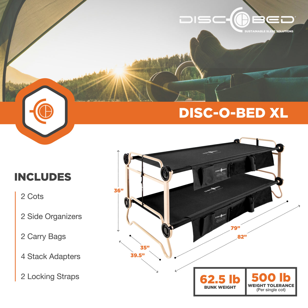 Disc-O-Bed XL Cam-O-Bunk Benchable Double Cot w/Organizers, Black (For Parts)