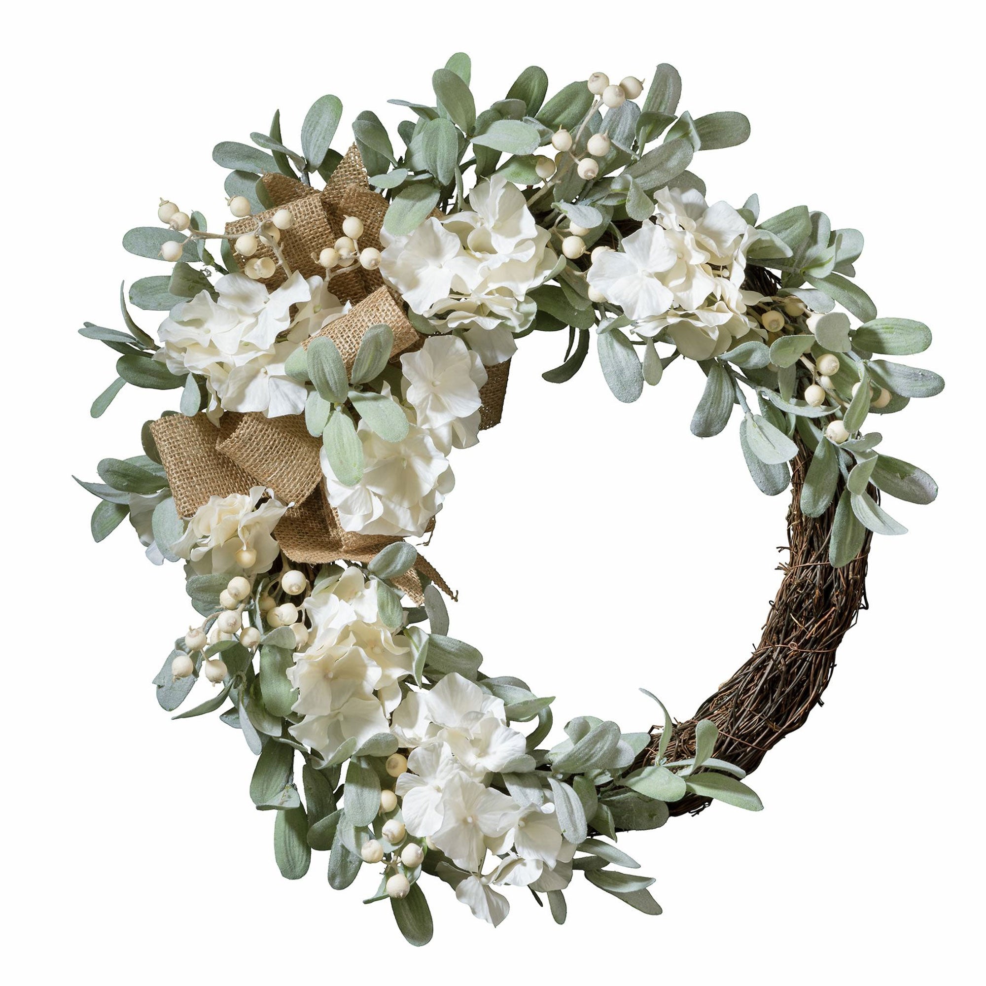 Haute Decor 22 Inch Round Spring Floral Grapevine Hydrangea Wreath w/ Burlap Bow