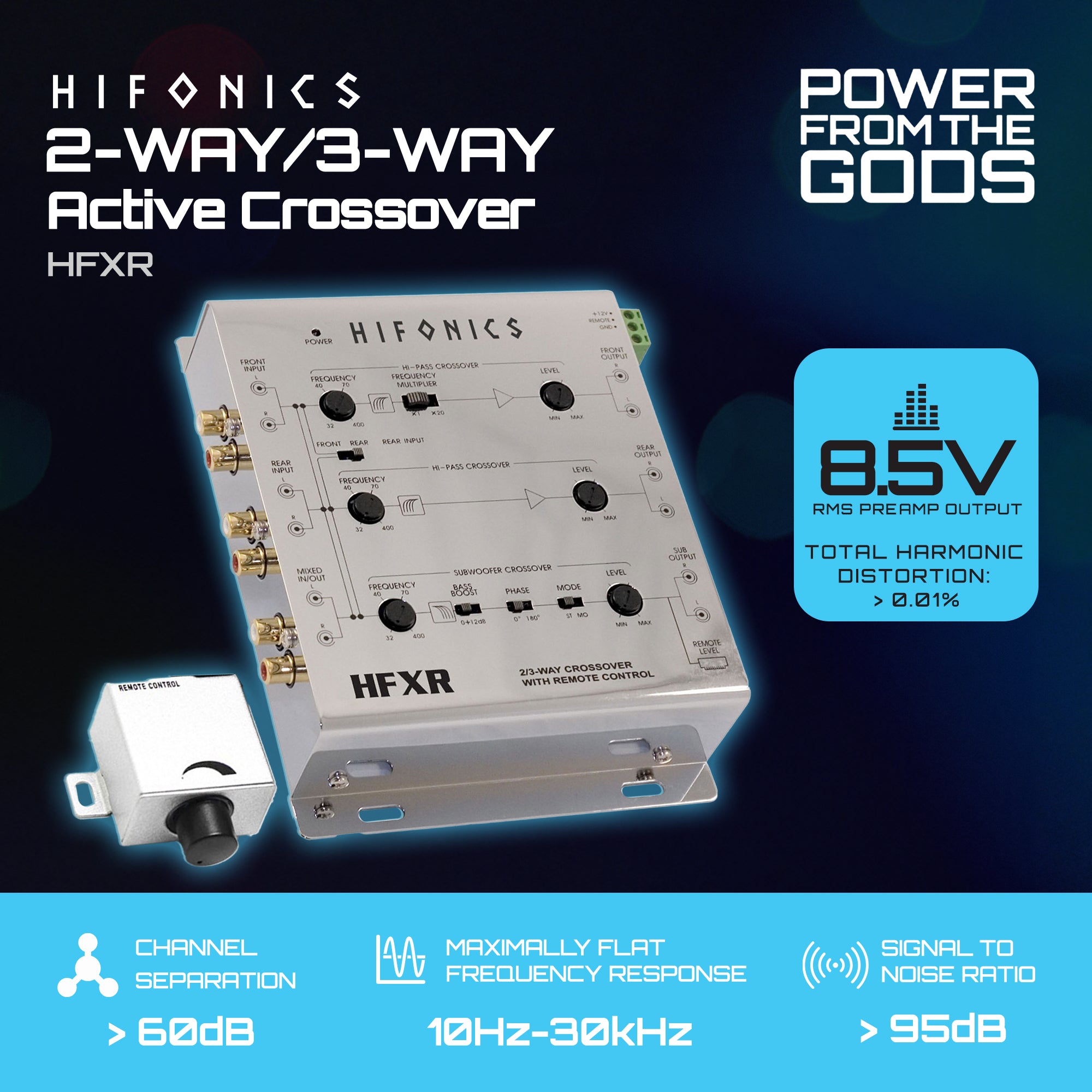 Hifonics HFXR 2/4 Ch 2/3 Way Active Crossover w/Bass Remote 8.5 Volt Line Driver - VMInnovations