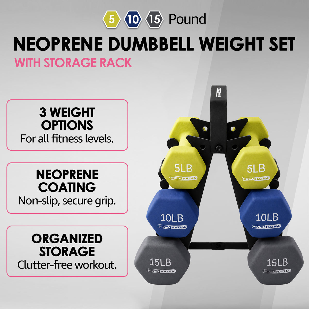 HolaHatha Neoprene Dumbbell Free Hand Weight Set with Rack