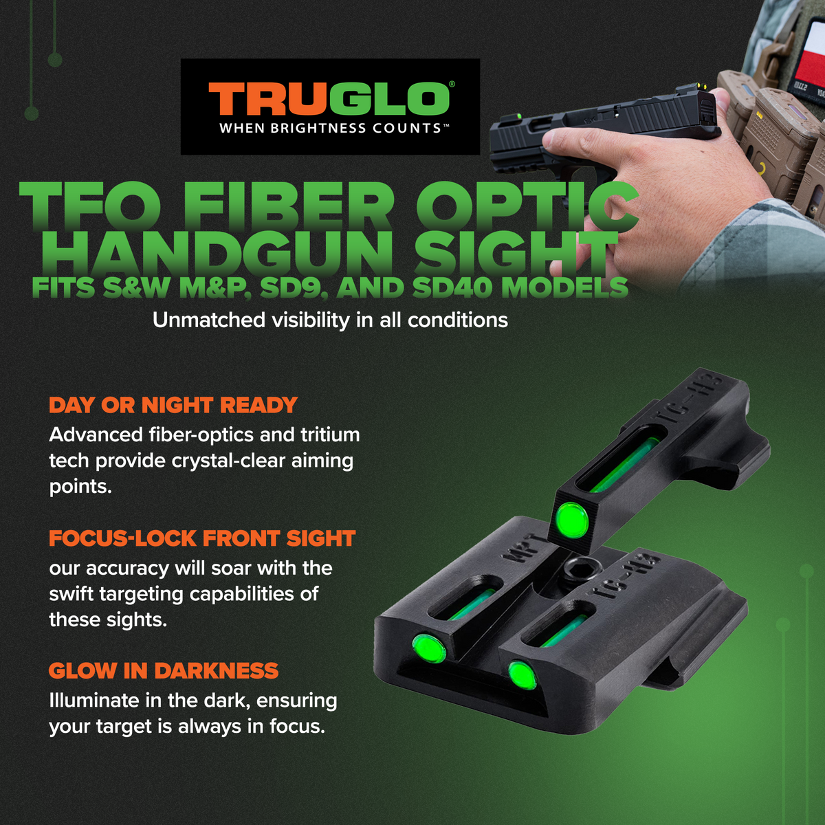 TruGlo TFO Handgun Pistol Sight, Fits S&W M&P, SD9, and SD40, Green (Open Box)