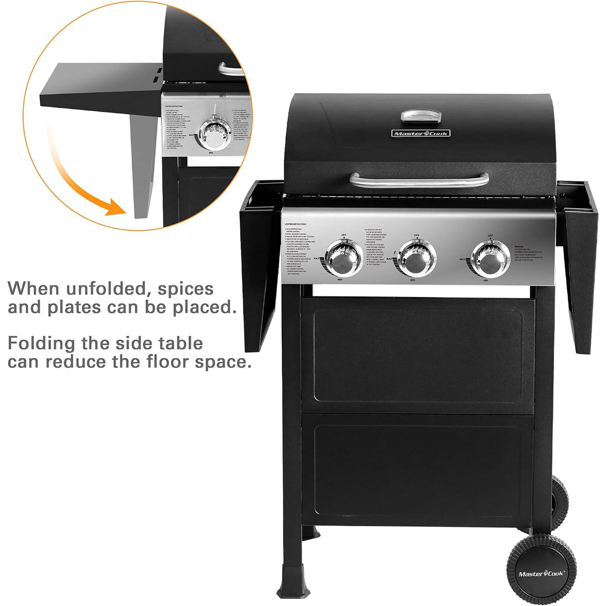 MASTER COOK 3-Burner Outdoor Propane Gas BBQ Grill with Side Tables, 30,000 BTU