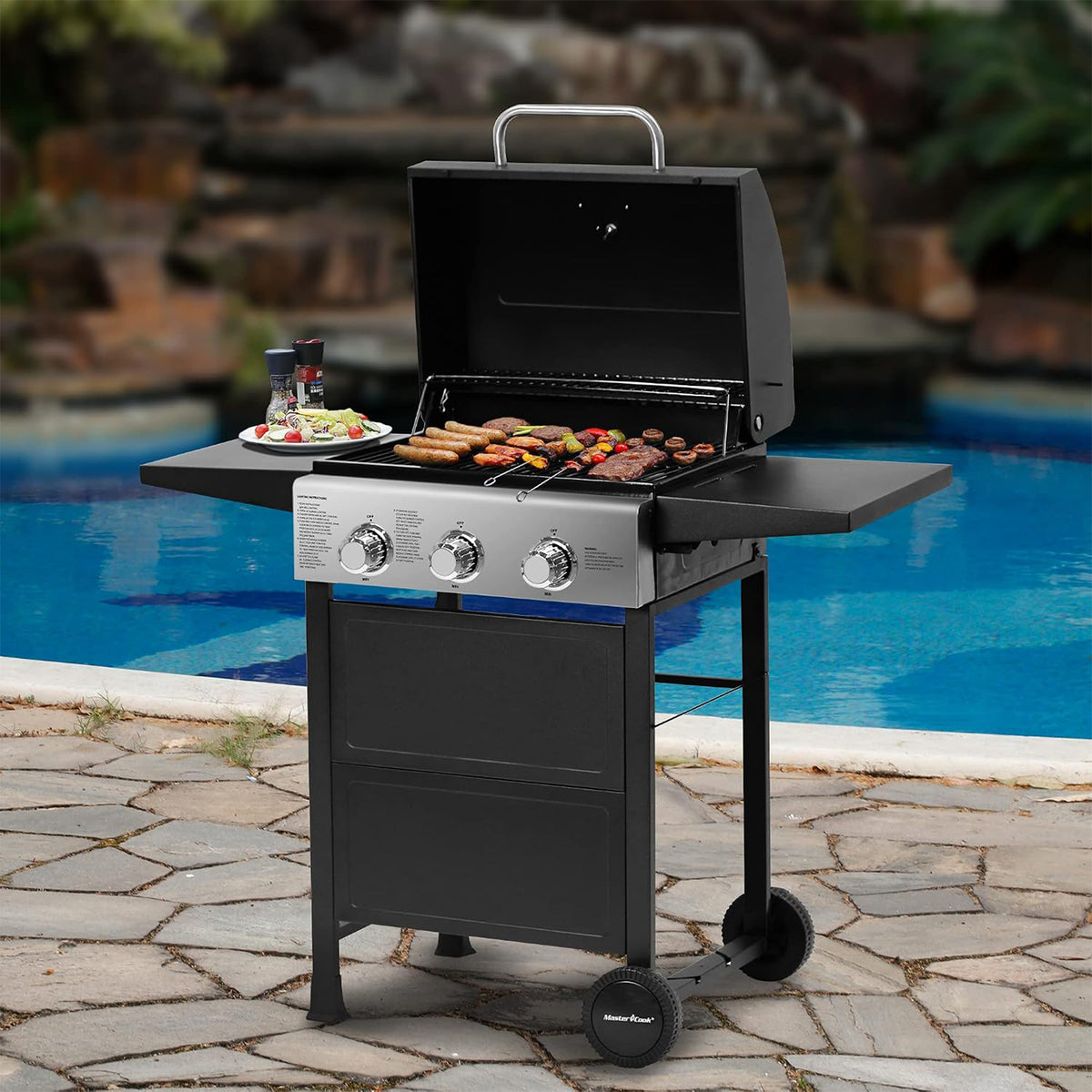 MASTER COOK 3-Burner Outdoor Propane Gas BBQ Grill with Side Tables, 30,000 BTU