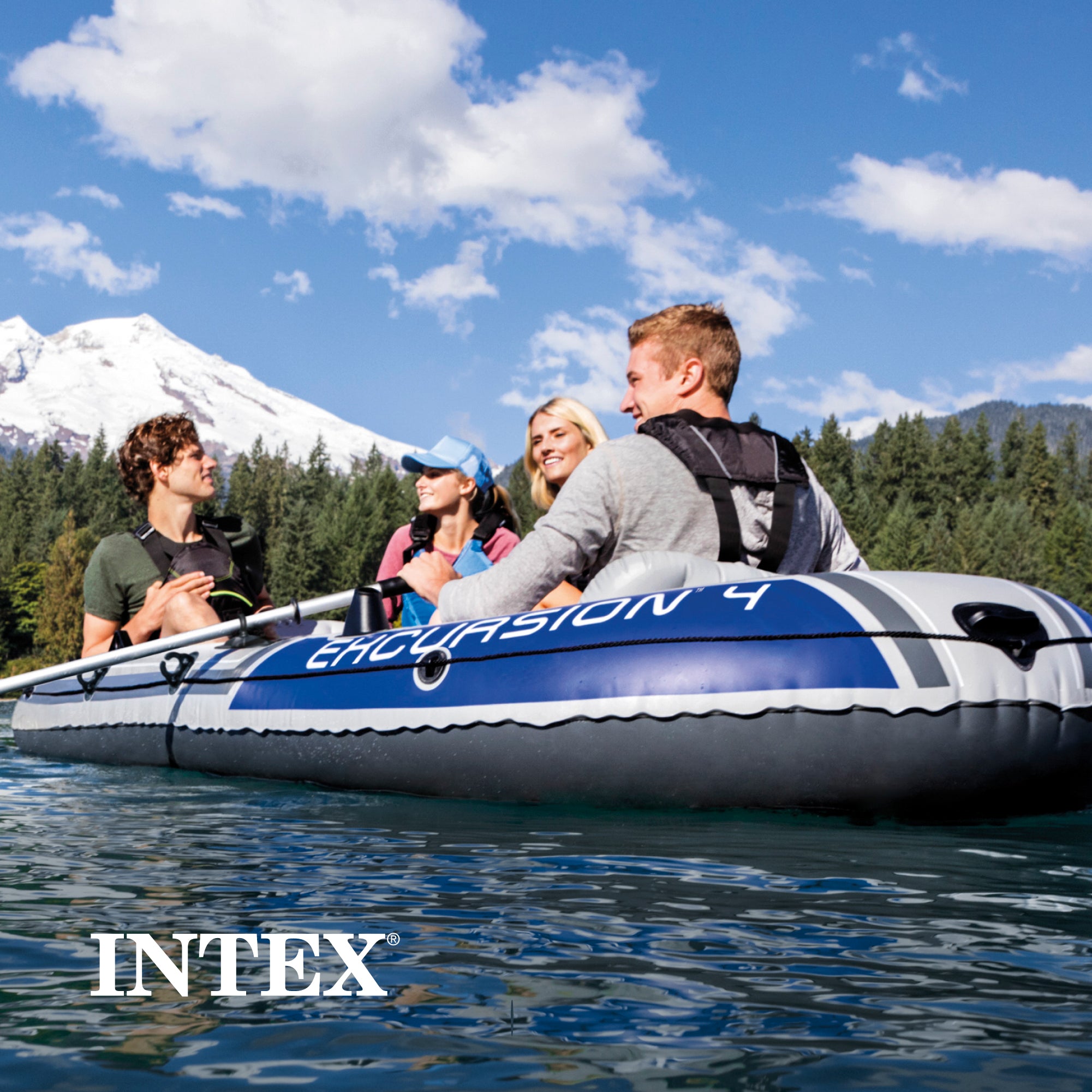Intex Excursion 4 Inflatable Raft Fishing Boat with 2 Oars (Open Box) (3 Pack)