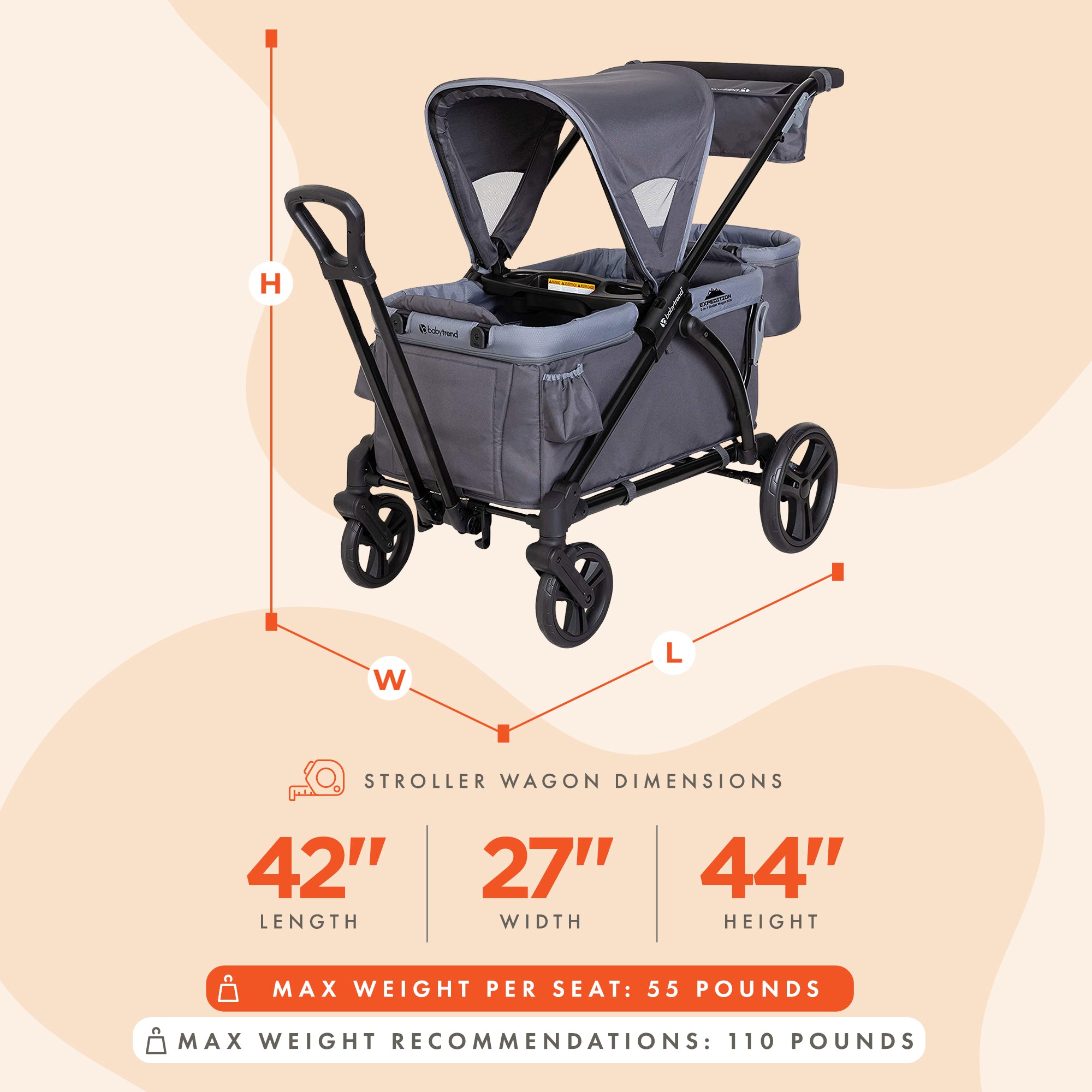 Baby Trend Expedition Push or Pull Stroller Wagon Plus w/ Canopy Grey (Open Box) - VMInnovations