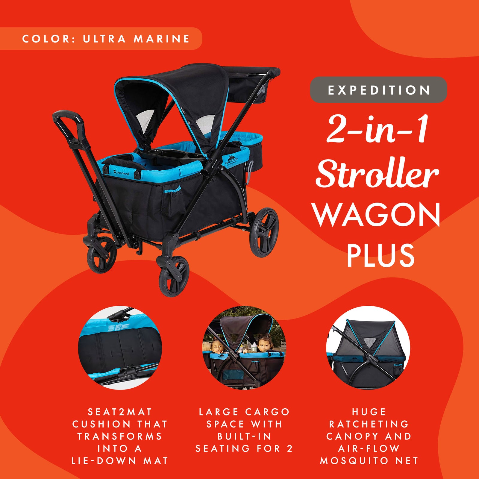 Baby Trend Expedition 2 in 1 Push or Pull Stroller Wagon Plus w/ Canopy, Blue - VMInnovations