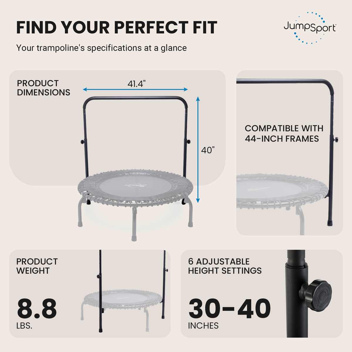 JumpSport Handle Bar for 44 Inch Arched Leg Fitness Trampolines, Black (Used)