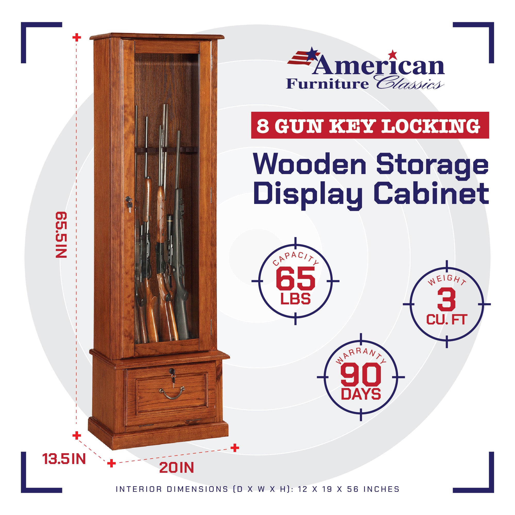 American Furniture Classics 8 Gun Key Locking Wooden Storage Display Cabinet - VMInnovations