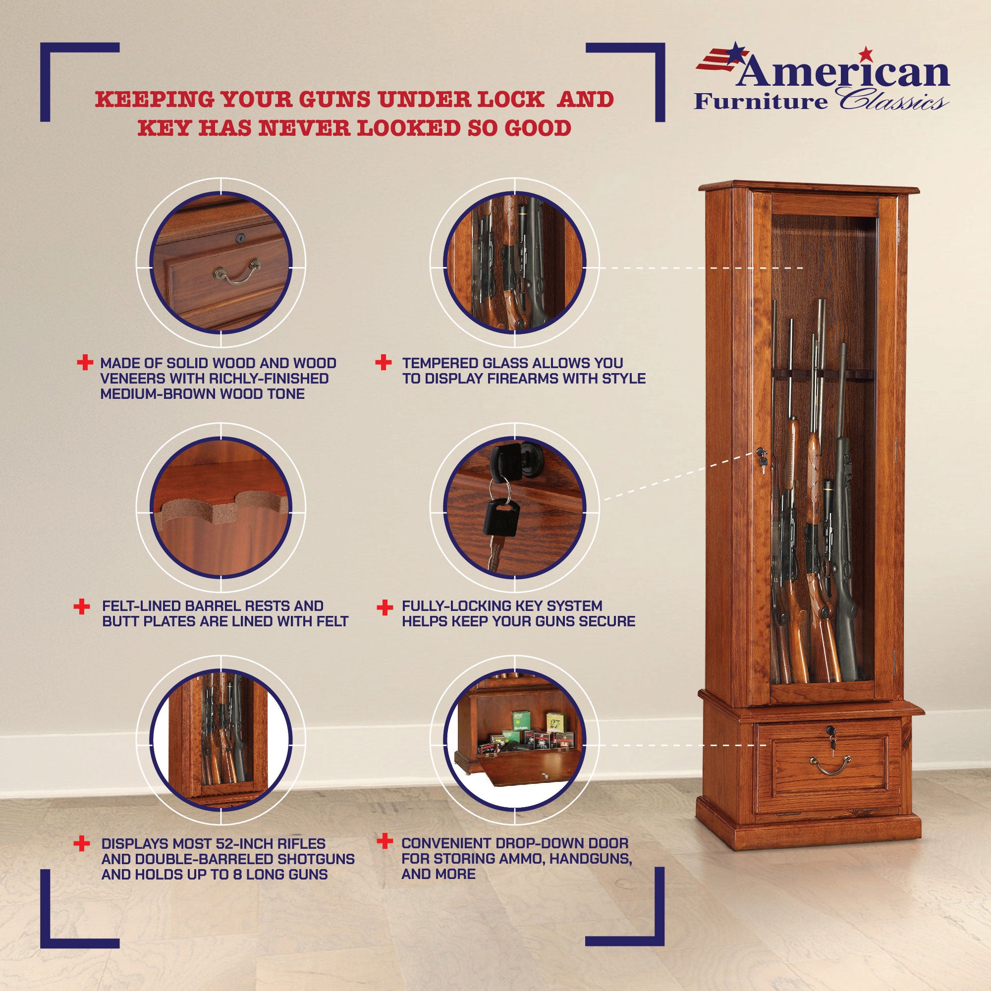 American Furniture Classics 8 Gun Key Locking Wooden Storage Display Cabinet - VMInnovations
