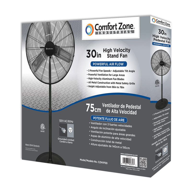 Comfort Zone 30" High-Velocity 3 Speed Adjustable Industrial Pedestal Fan, Black