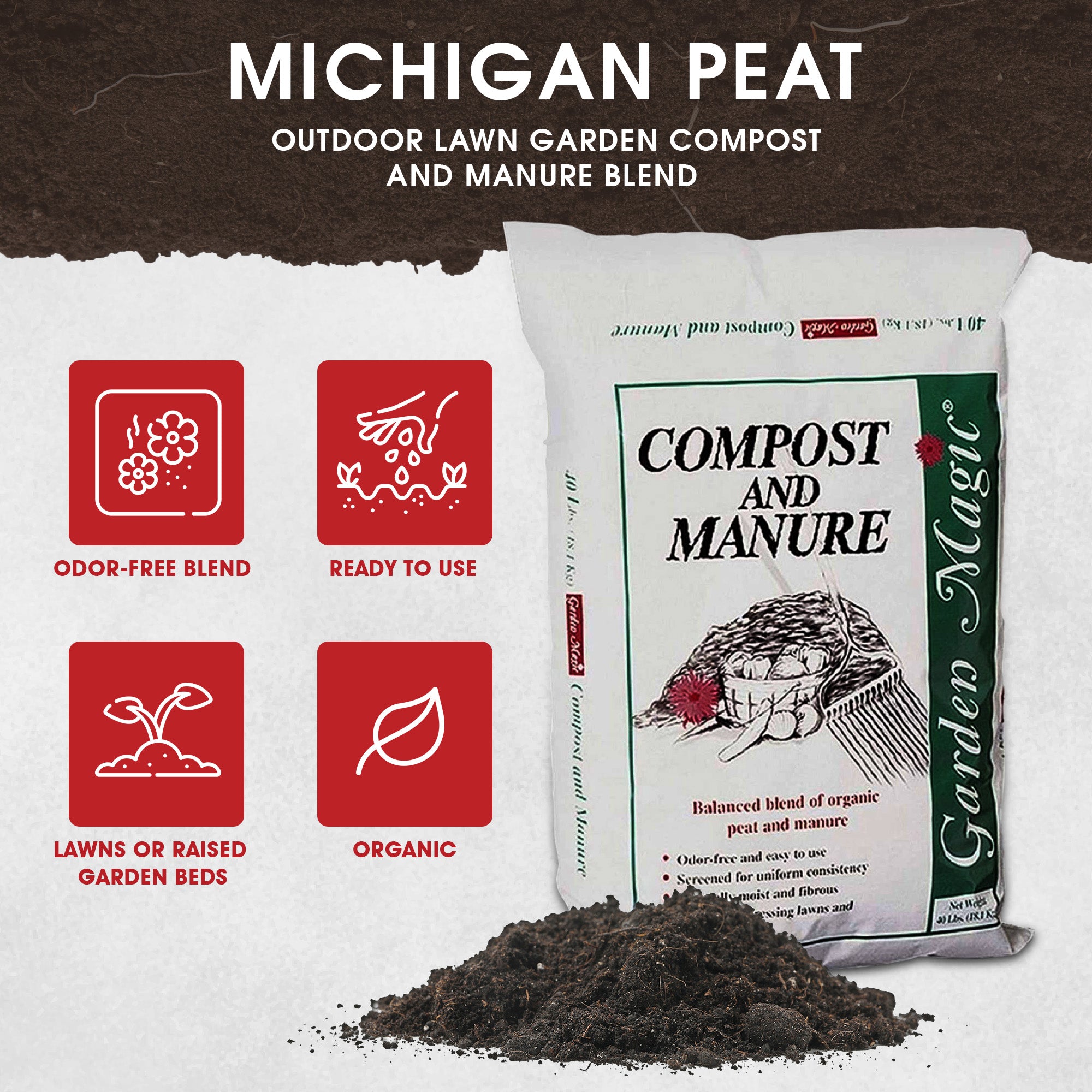 Michigan Peat All Purpose Soil 50 Lbs & Garden Magic Soil 40 Lbs & 50 Lb Compost