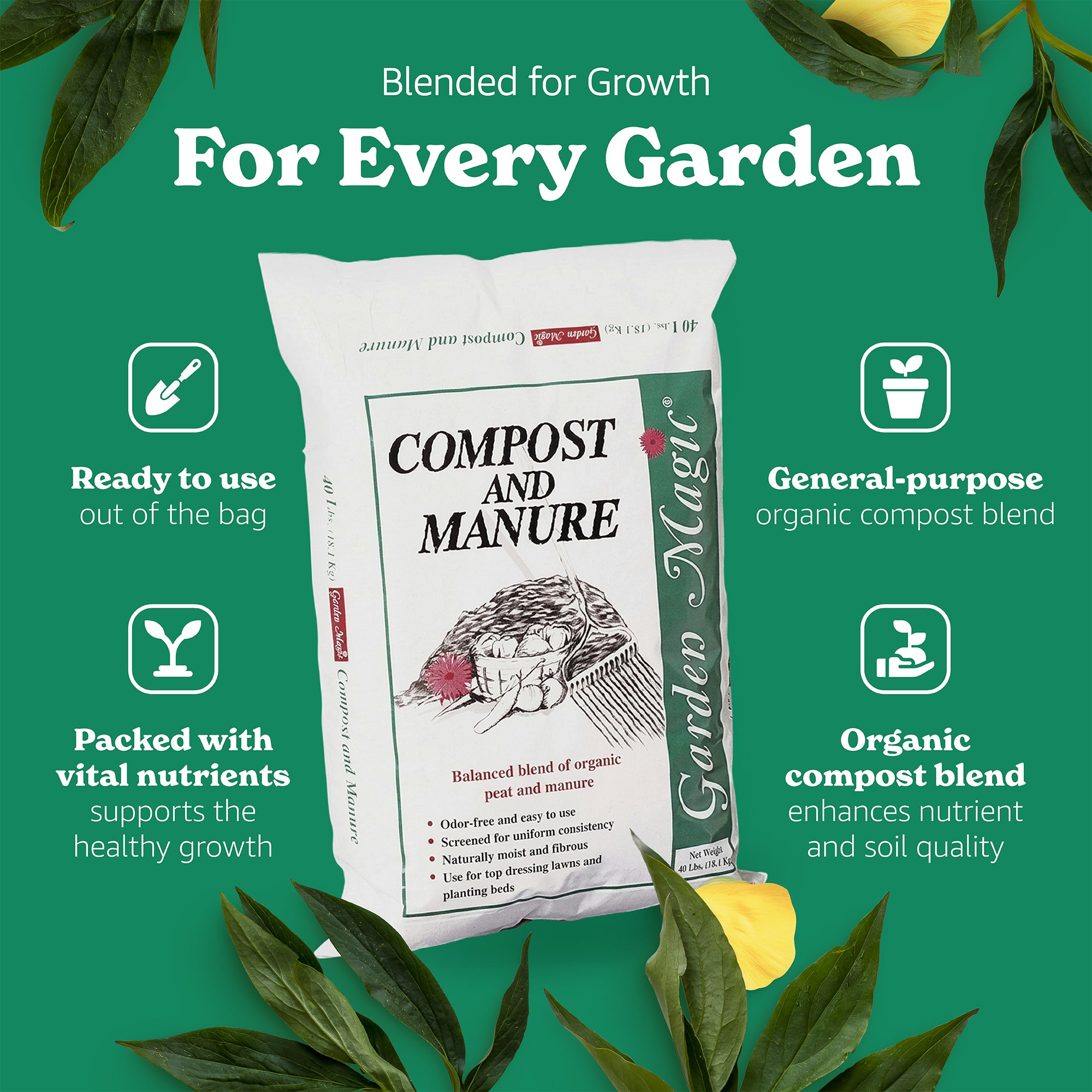 Michigan Peat Outdoor Lawn Garden Compost and Manure Blend, 40 lb Bag, 3 Pack
